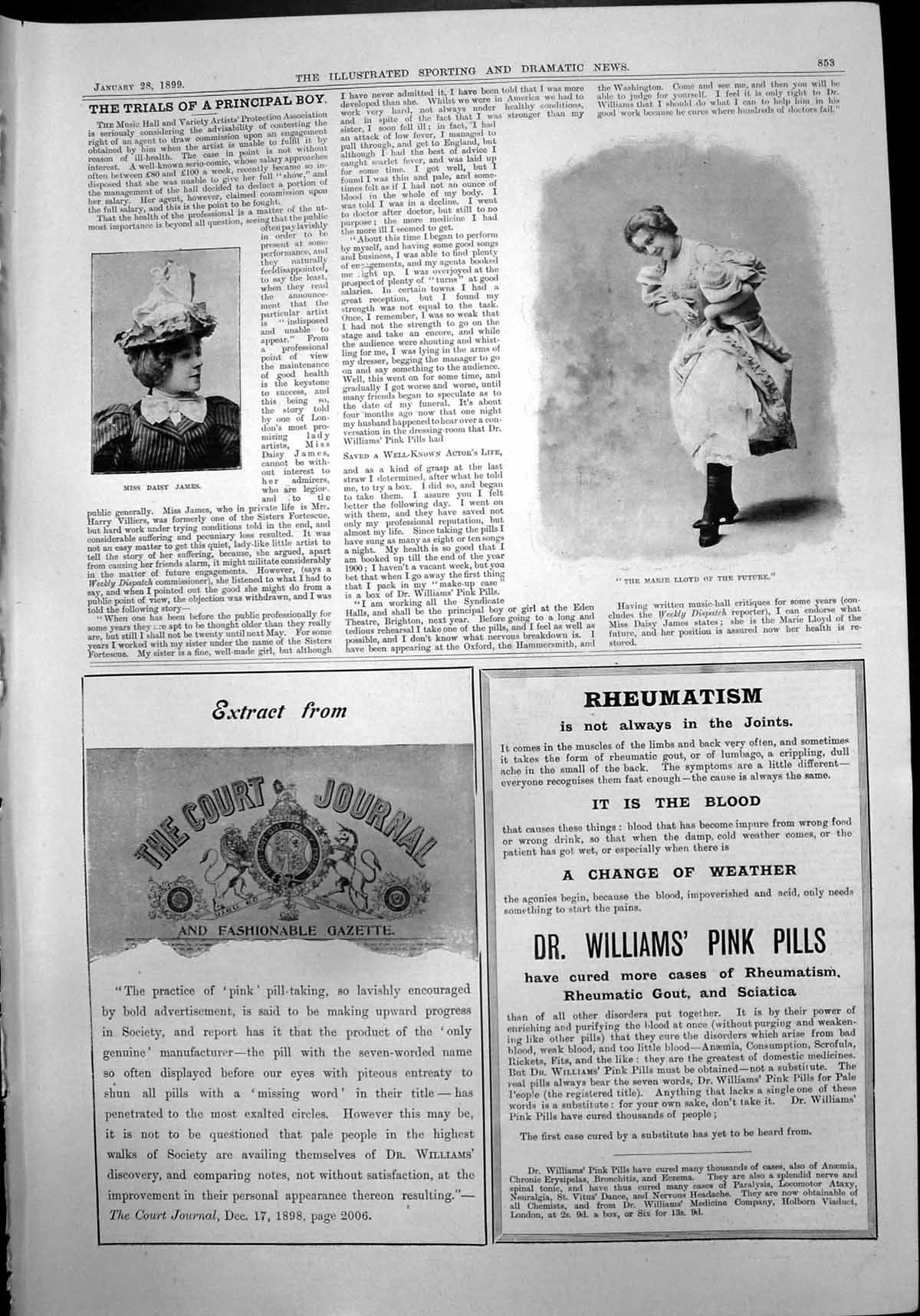 Old Print Miss Daisy James Marie Lloyd Future Dr Williams Pink Pills 1899 19th