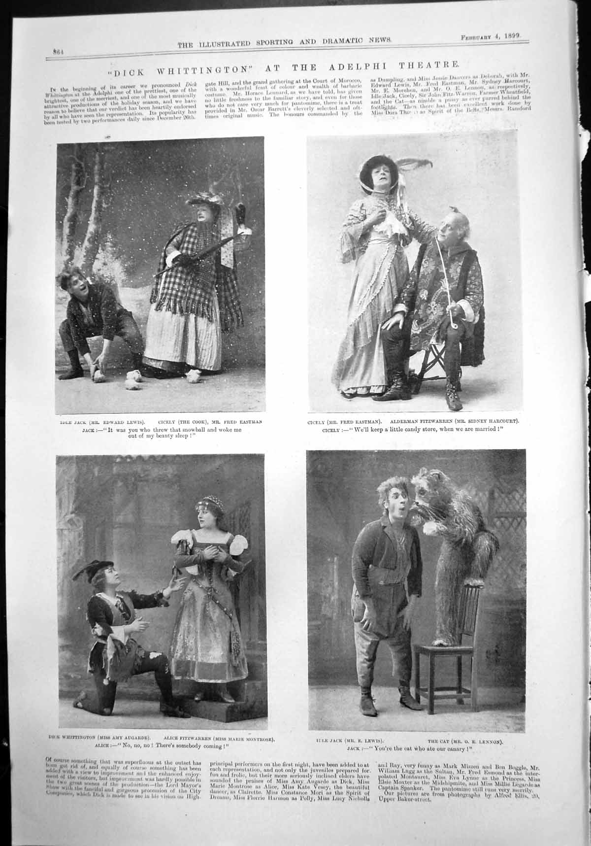 Old Print Dick Whittington Adelphi Amy Augarde O Lennon Fred Eastman 1899 19th