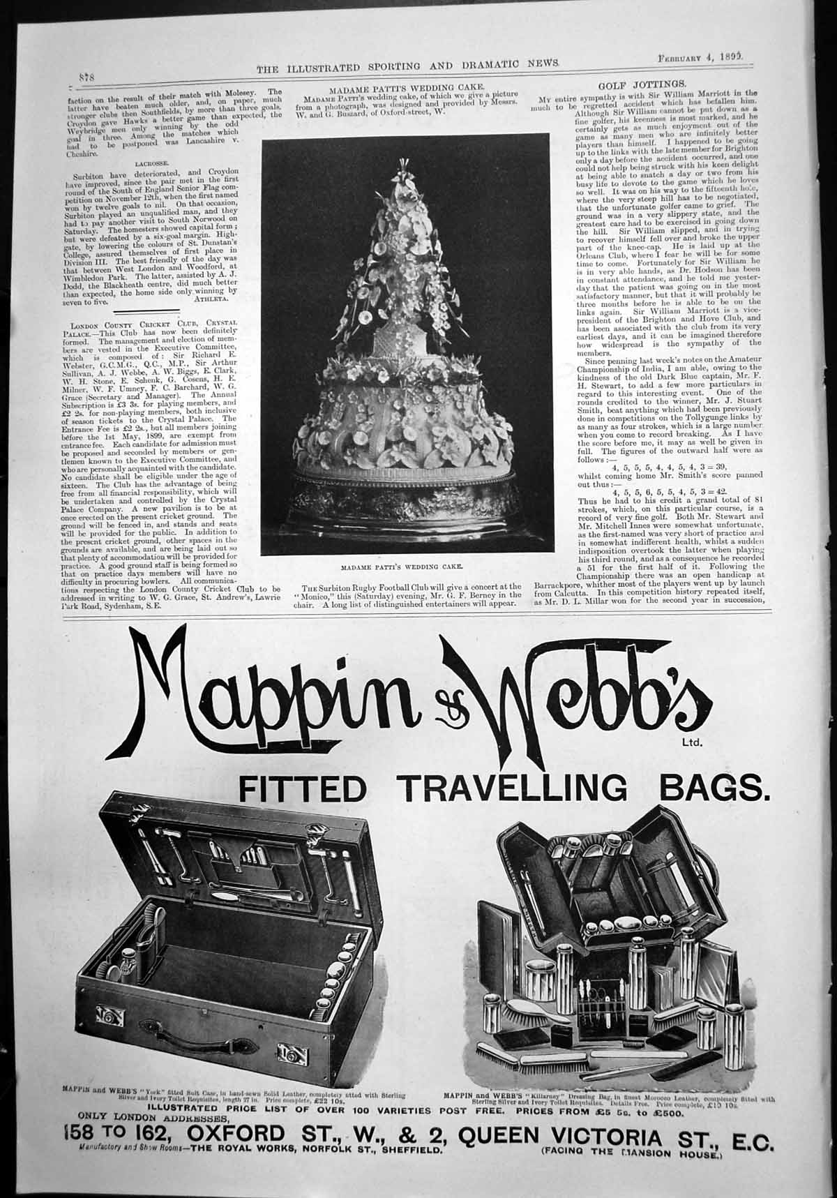 Old Print Madame Pattis Wedding Cake Mappin & Webbs Travelling Bags 1899 19th