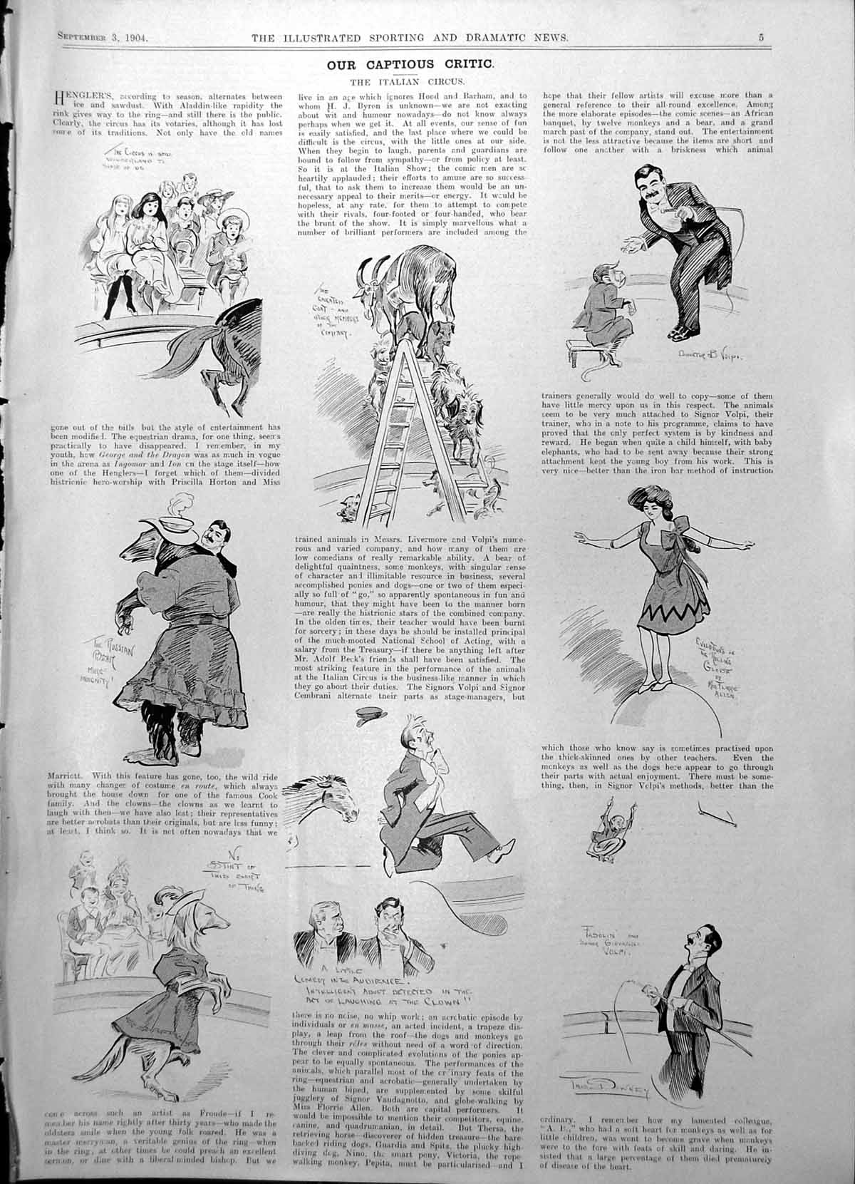 Old Print Italian Circus Russian Bear Goat Dogs Clown Monkey Trapeze 1904 20th