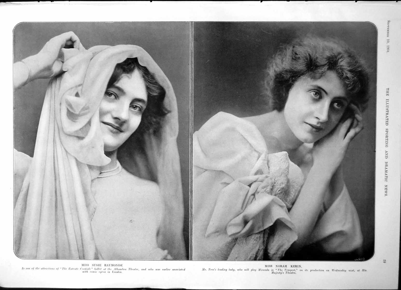 Antique Print Susie Raymonde Norah Kerin Actresses Clarehaven Stable 1904 0 20th