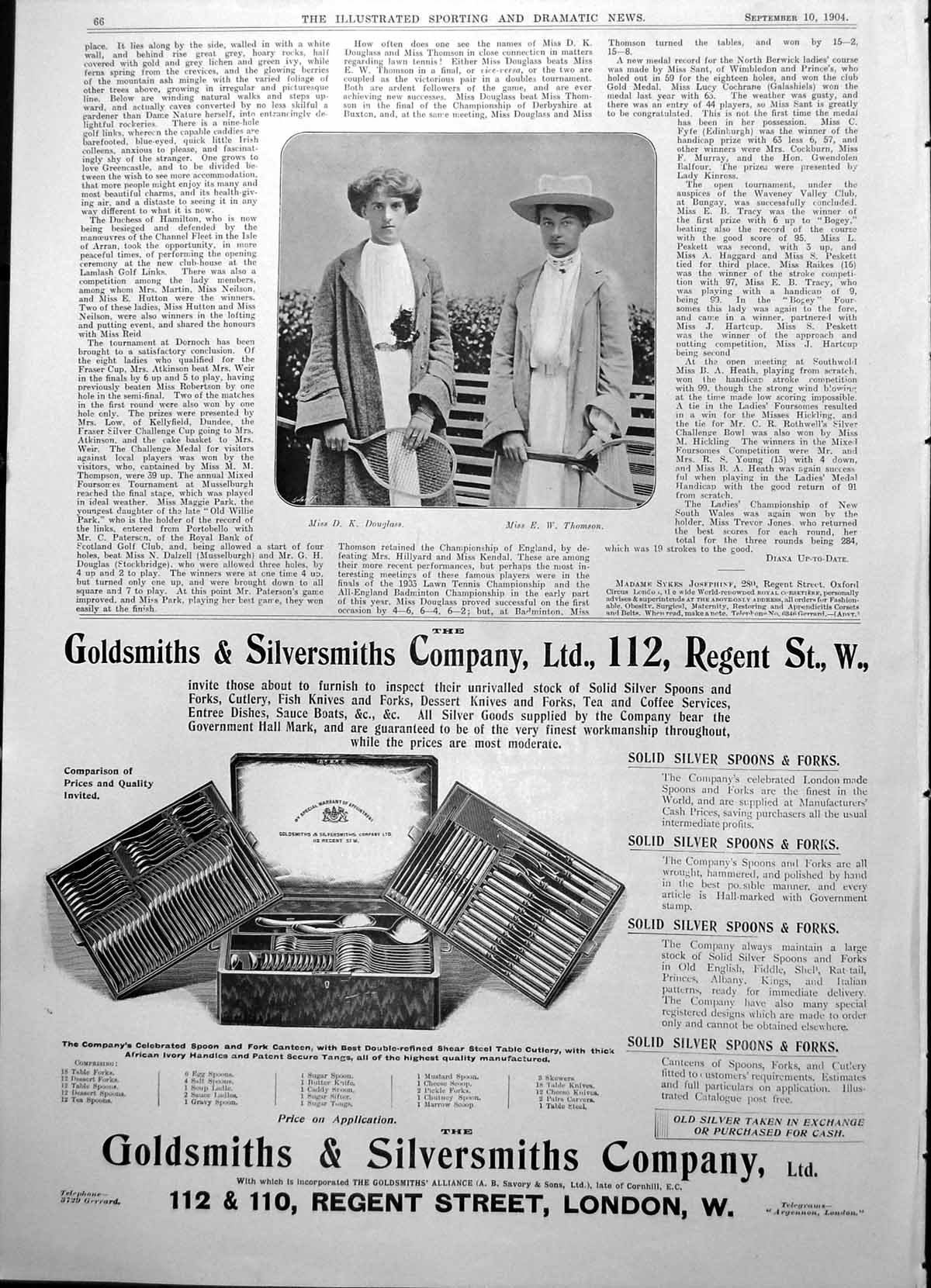 Original Old Antique Print Miss Dk Douglass Miss Ew Thomson Tennis Players 1904