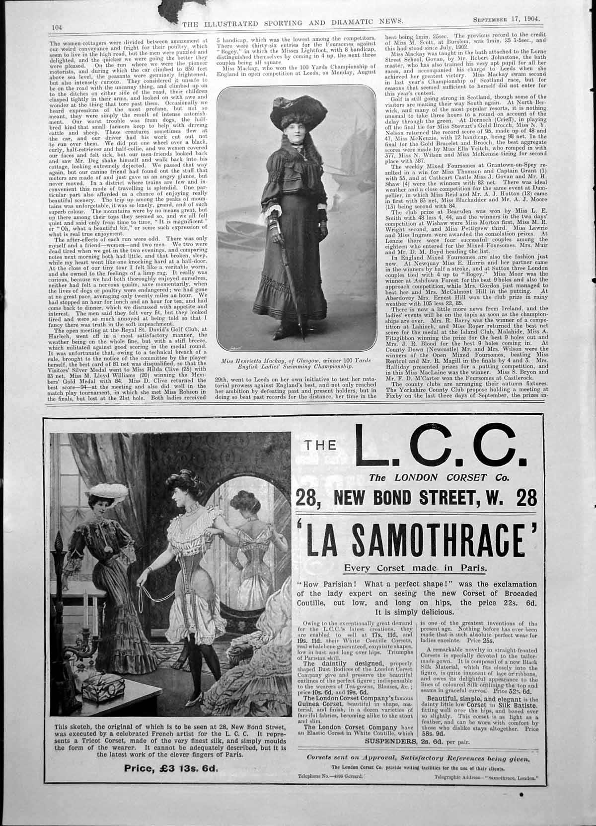 Antique Print Miss Henrietta Mackay Glasgow Winner 100 Yards Race Swim 1904