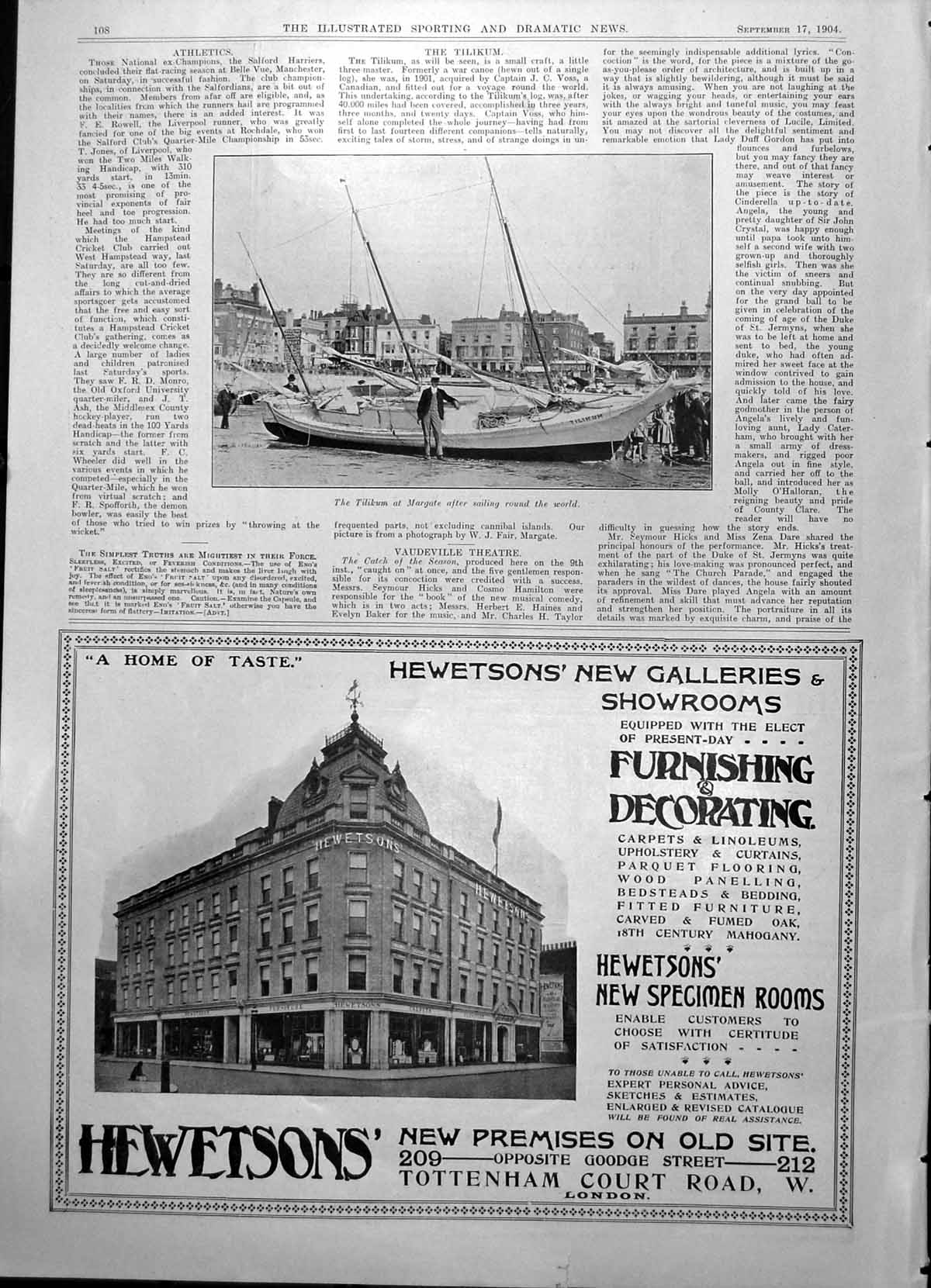 Original Old Antique Print Tilikum Margate Having Sailed Round The World 1904