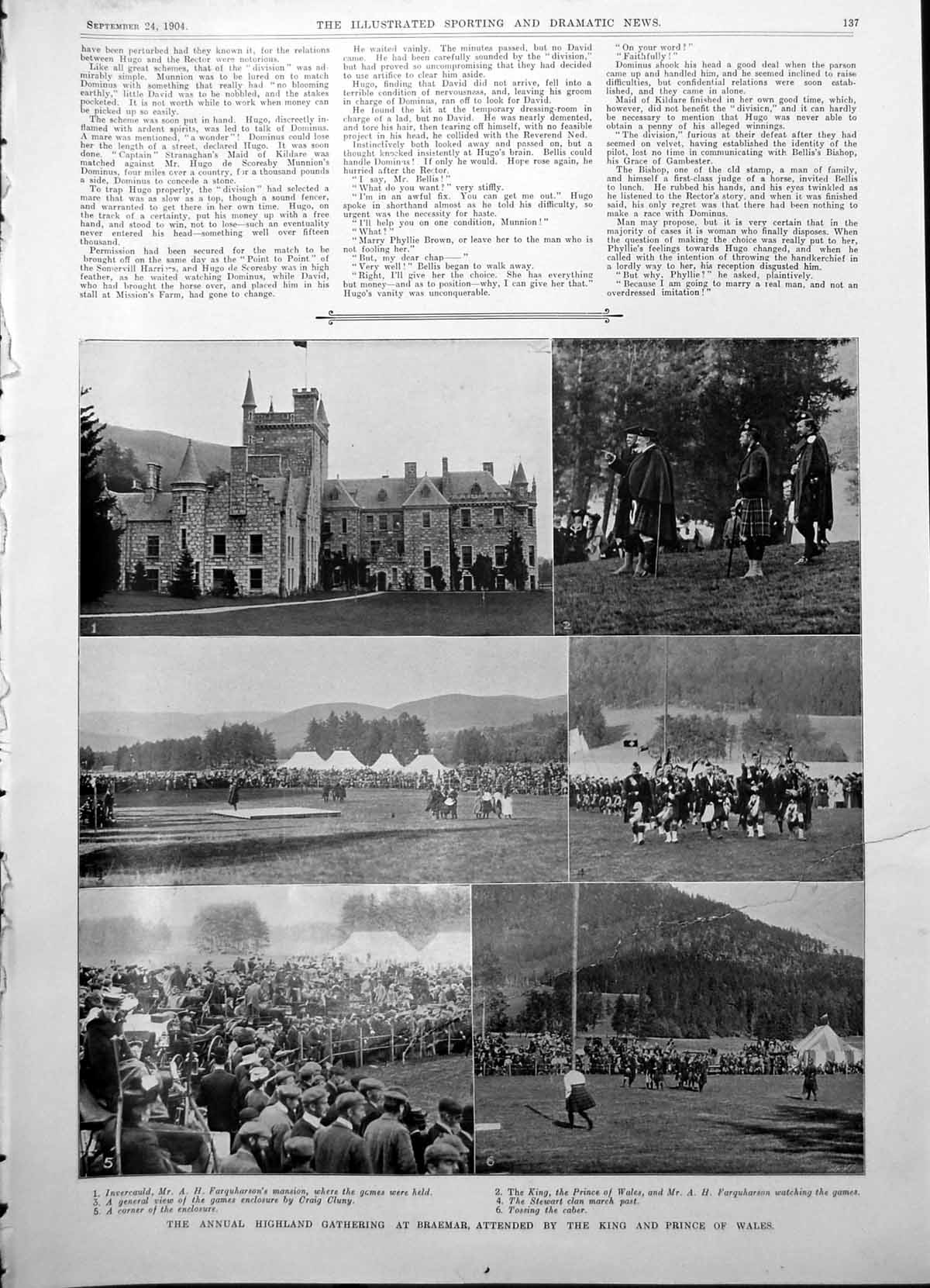 Antique Old Print Damaged Highland Gathering Braemar Eastbourne Tennis 1904