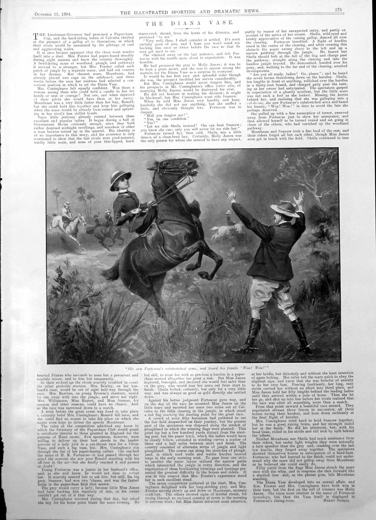 Old Print Horse Rearing Lady Rider Gentleman Accident W Lane Jockey 1904 20th