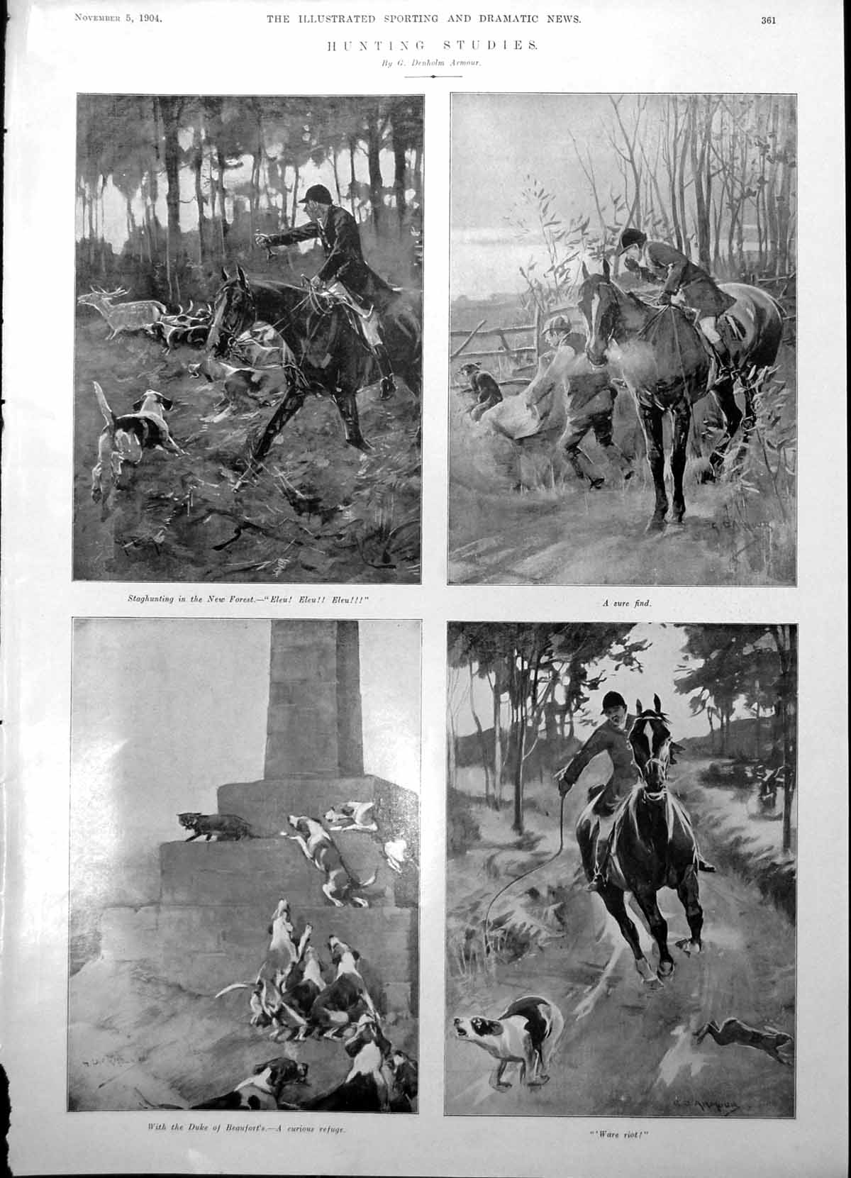 Antique Print Hunting Studies Stag New Forest Essex Union Hutton Hall 1904