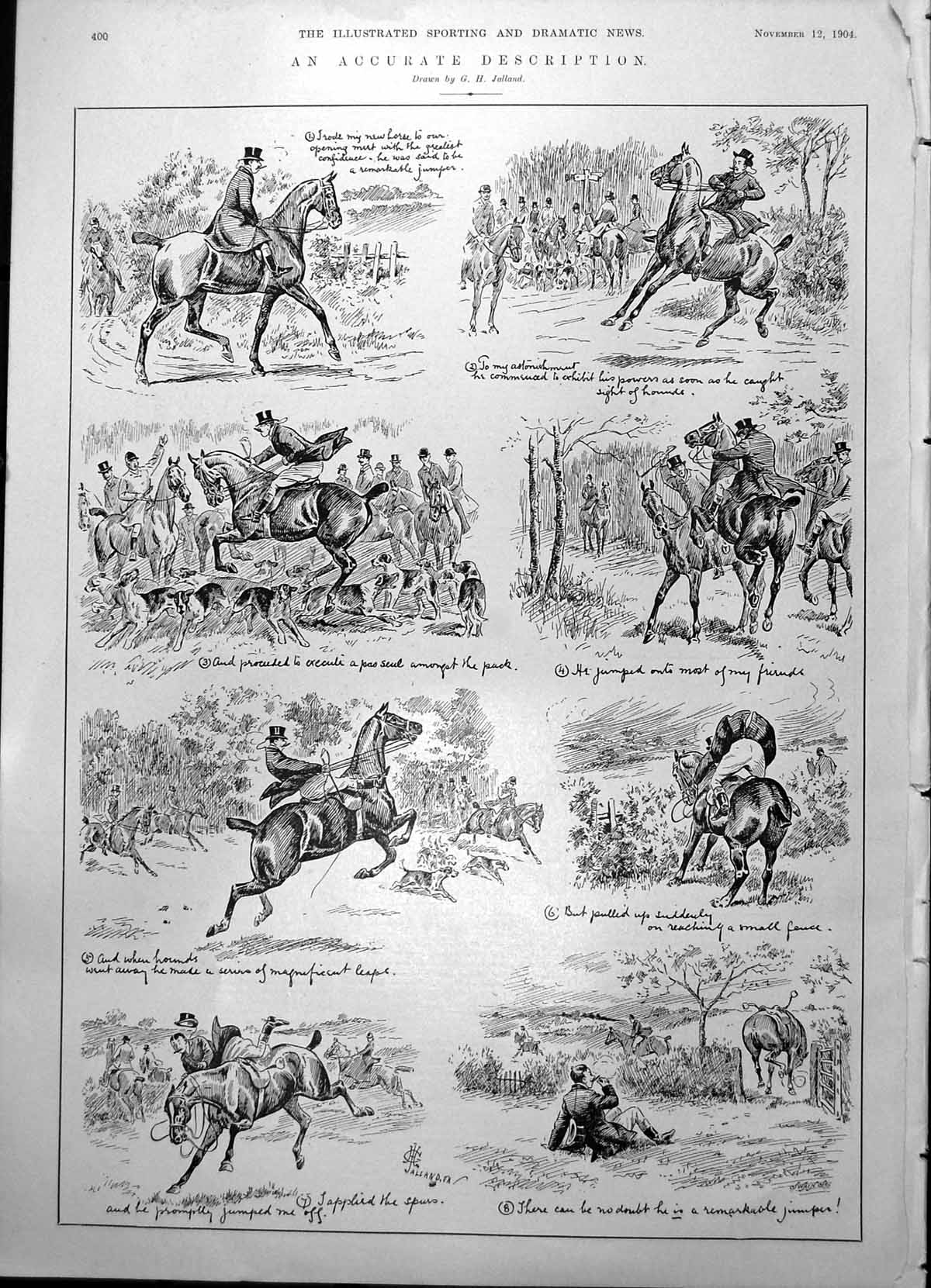 Antique Print New Jumper Horse Amongst Hunting Hounds Meet Balks Fence 1904