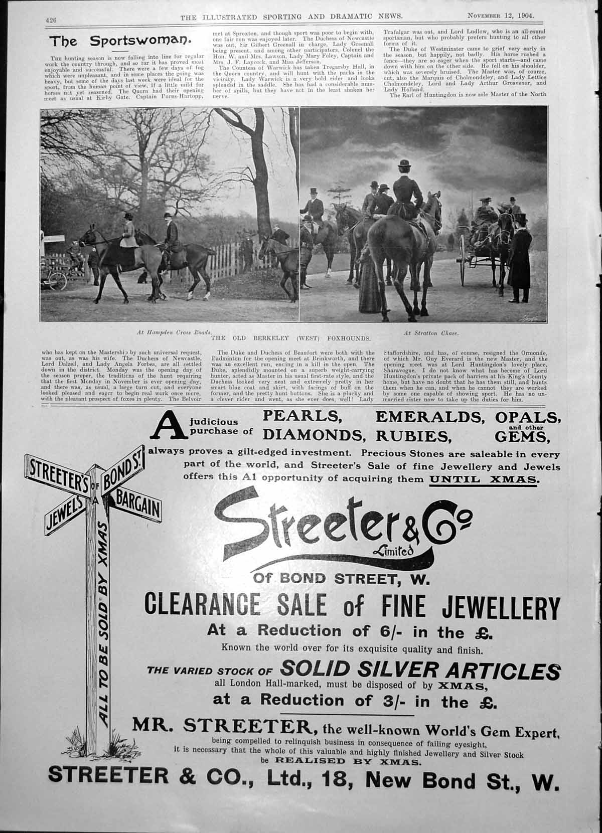 Antique Old Print Berkeley West Foxhounds Hampden Cross Roads Stratton 1904