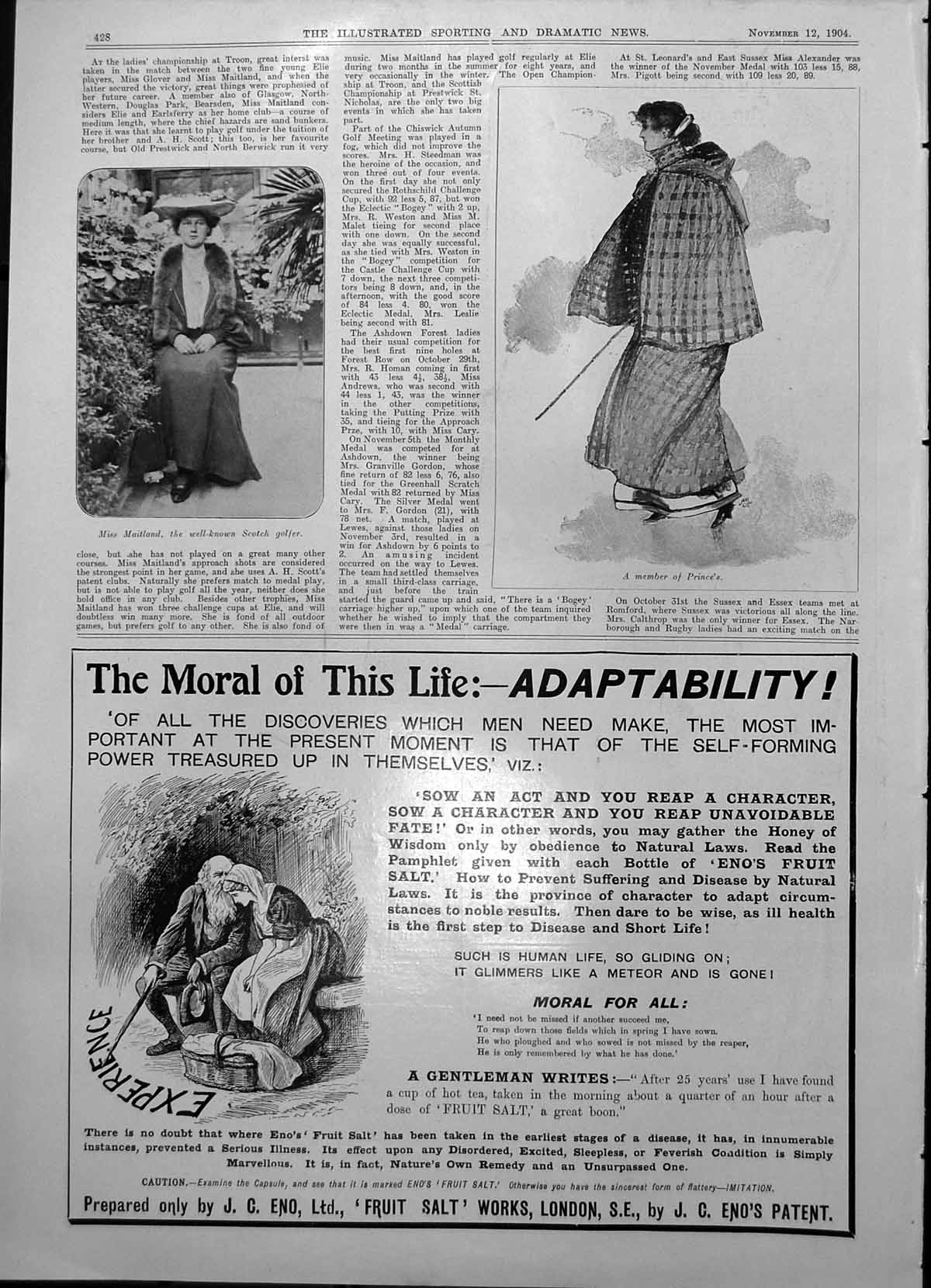 Original Old Antique Print Miss Maitland Scottish Golfer A Member Prince'S 1904
