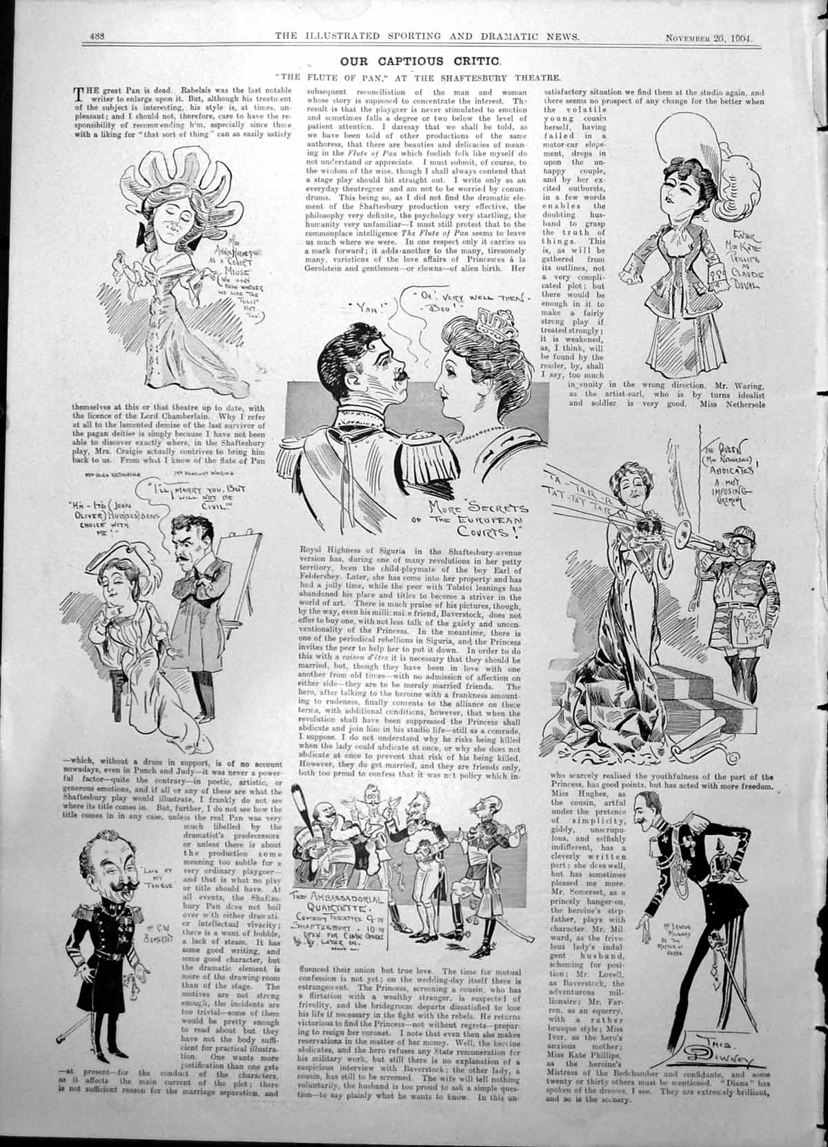 Antique Print Captious Critic Caricatures Actors Flute Pan Shaftesbury 1904