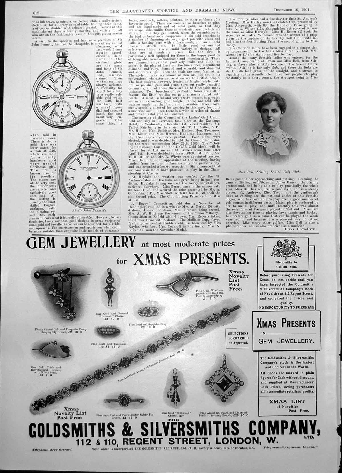 Old Timepieces Sir John Bennett'S Miss Bell Stirling Ladies Golf 1904 20th