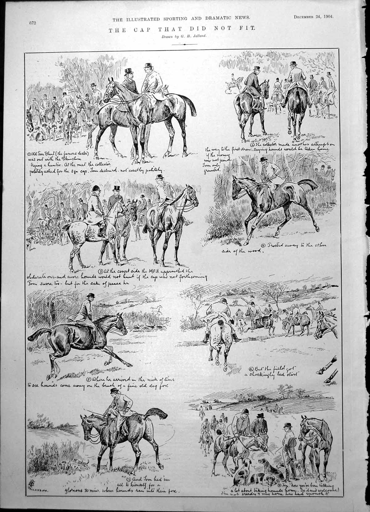 Antique Old Print Hunting Meet Fox Hounds Story Horses Hunters Gentlemen 1904