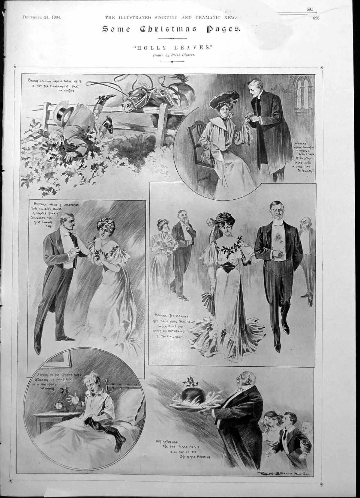 Antique Old Print Holly Leaves Perils Wearing Pudding Mrs Santa Claus 1904