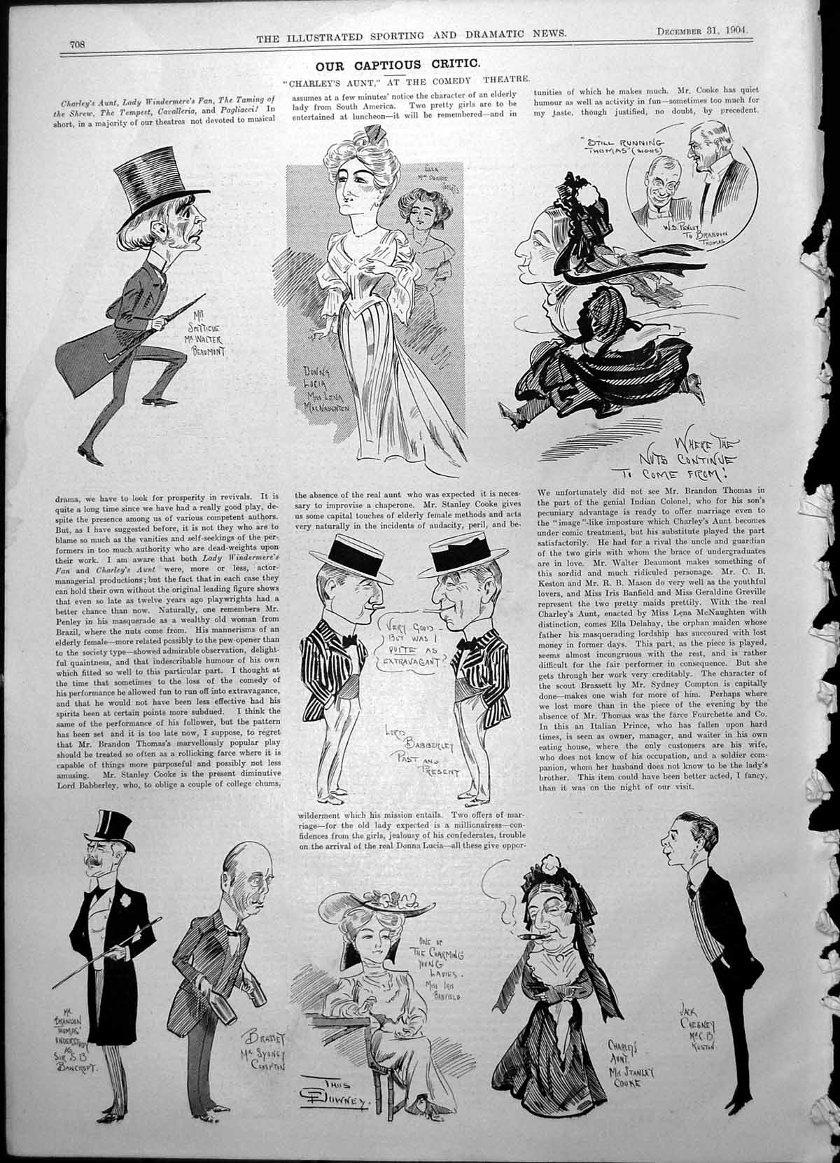 Old Print Charley'S Aunt Comedy Theatre Captious Critic Caricatures 1904 20th