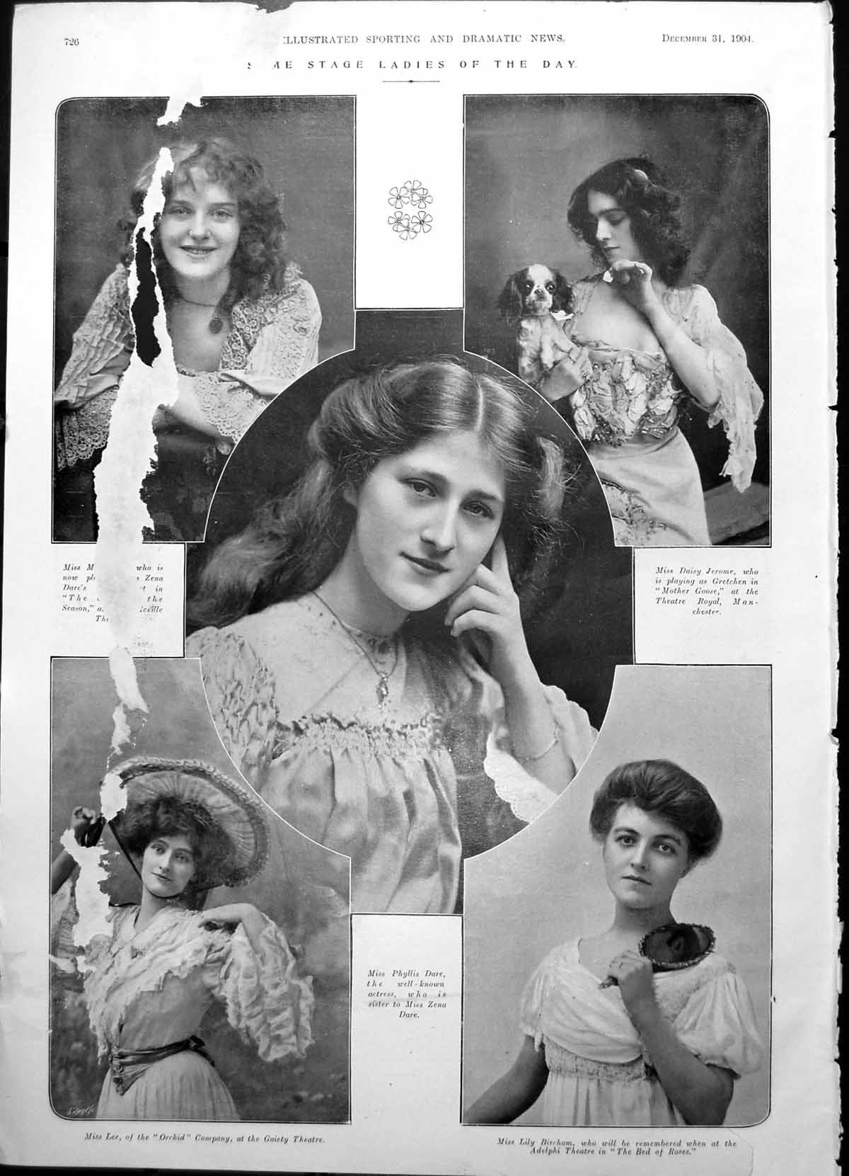 Antique Old Print Damaged Stage Ladies Phyllis Dare Acrobats Practice 1904