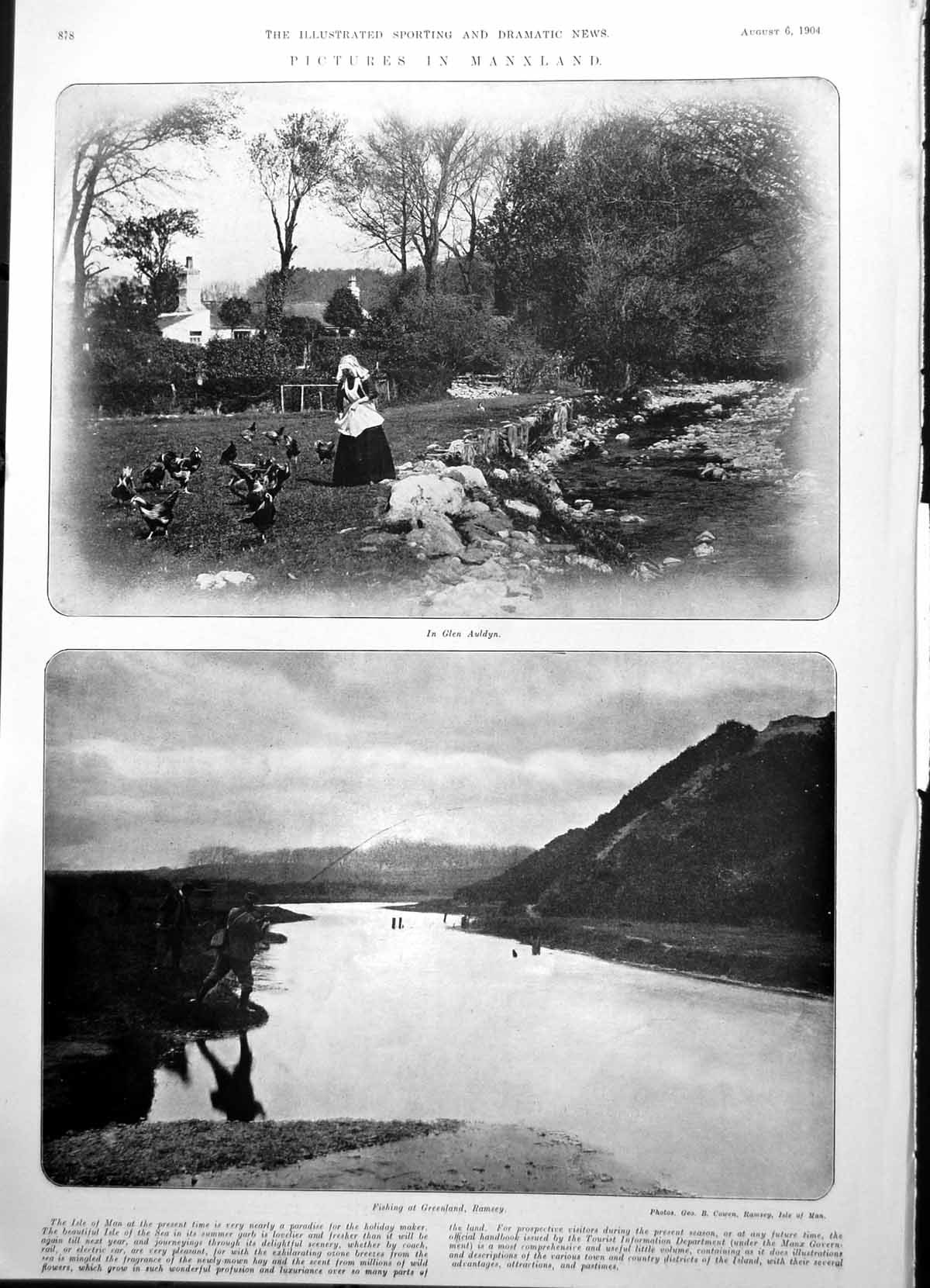 Old Antique Print Glen Auldyn Fishing Ramsey Famous Shetland Ponies 1904 20th