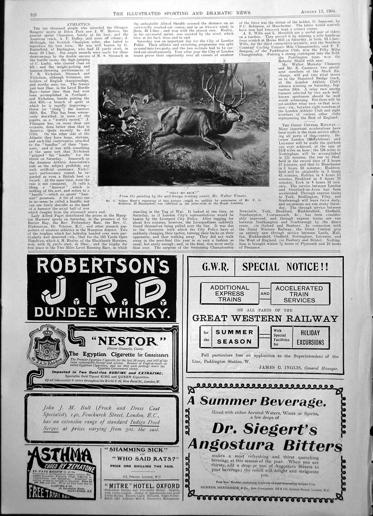Old Print Tally Ho Back Dogs Chasing Red Deer Antlers Hounds Forest 1904 20th