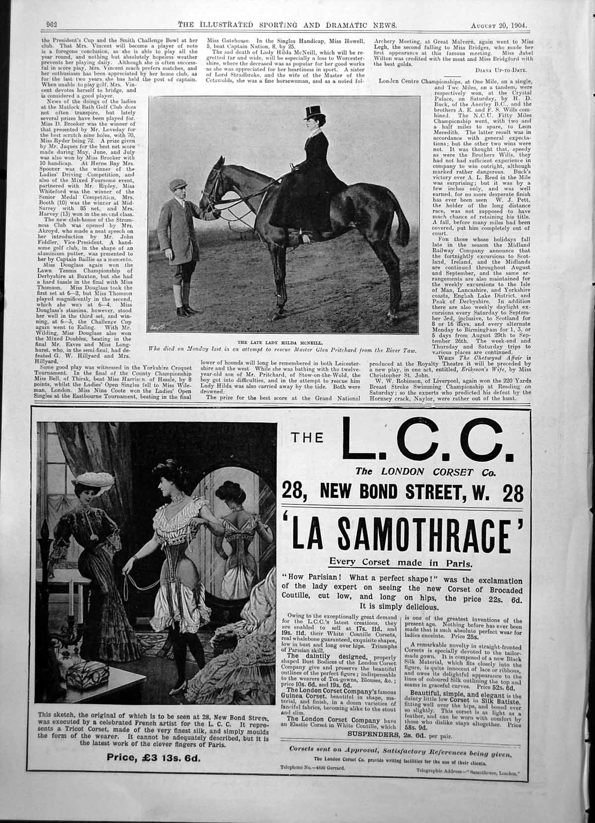 Original Old Antique Print Lady Hilda Mcneill On Horseback Groom 1904 20th