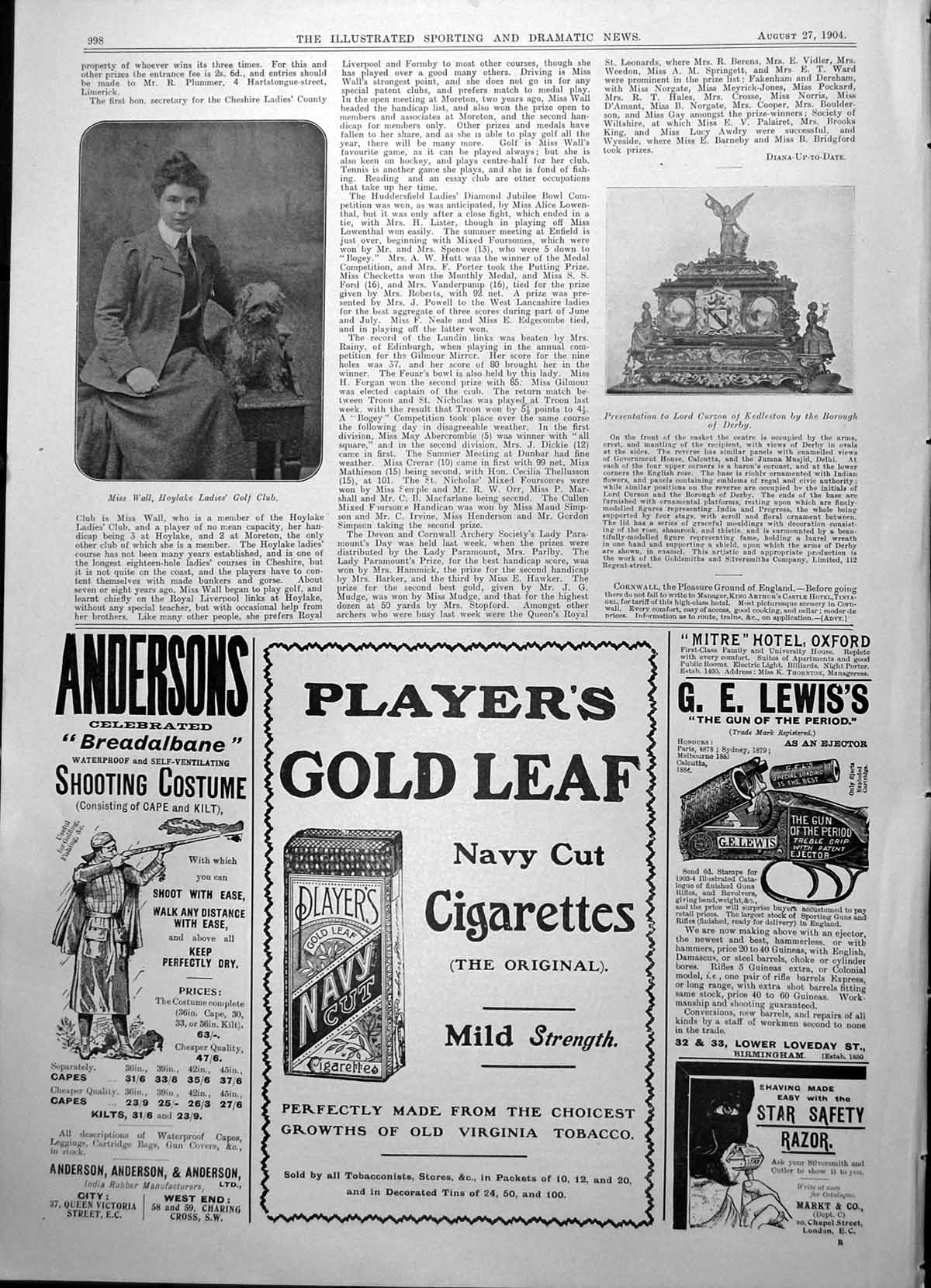 Antique Old Print Miss Wall Hoylake Ladies Golf Club Casket Lord Curzon 1904