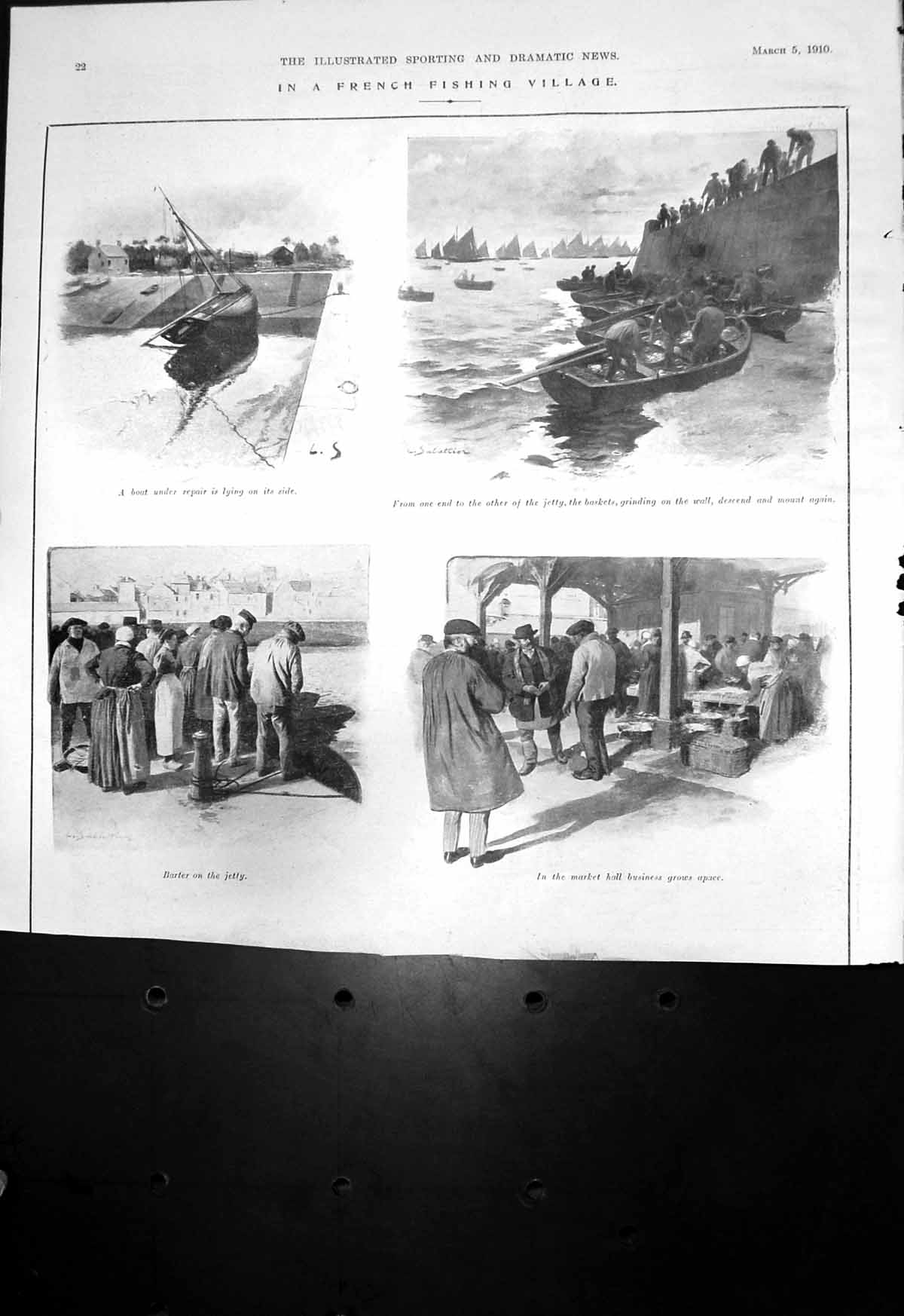 Old Print French Fishing Village Glossy Ibis Penang Meeting 1910 Damaged 20th