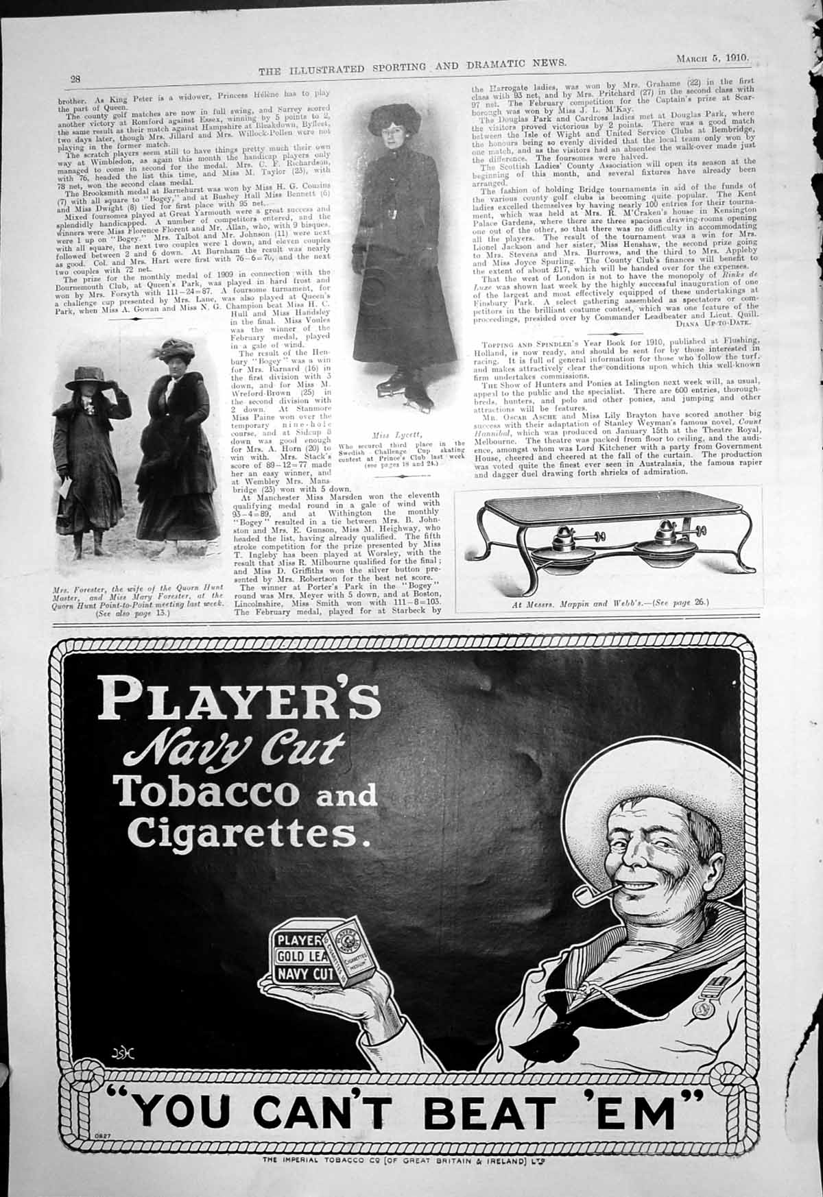 Antique Print Miss Lycett Swedish Skating Mrs Forester Mary Quorn Hunt 1910