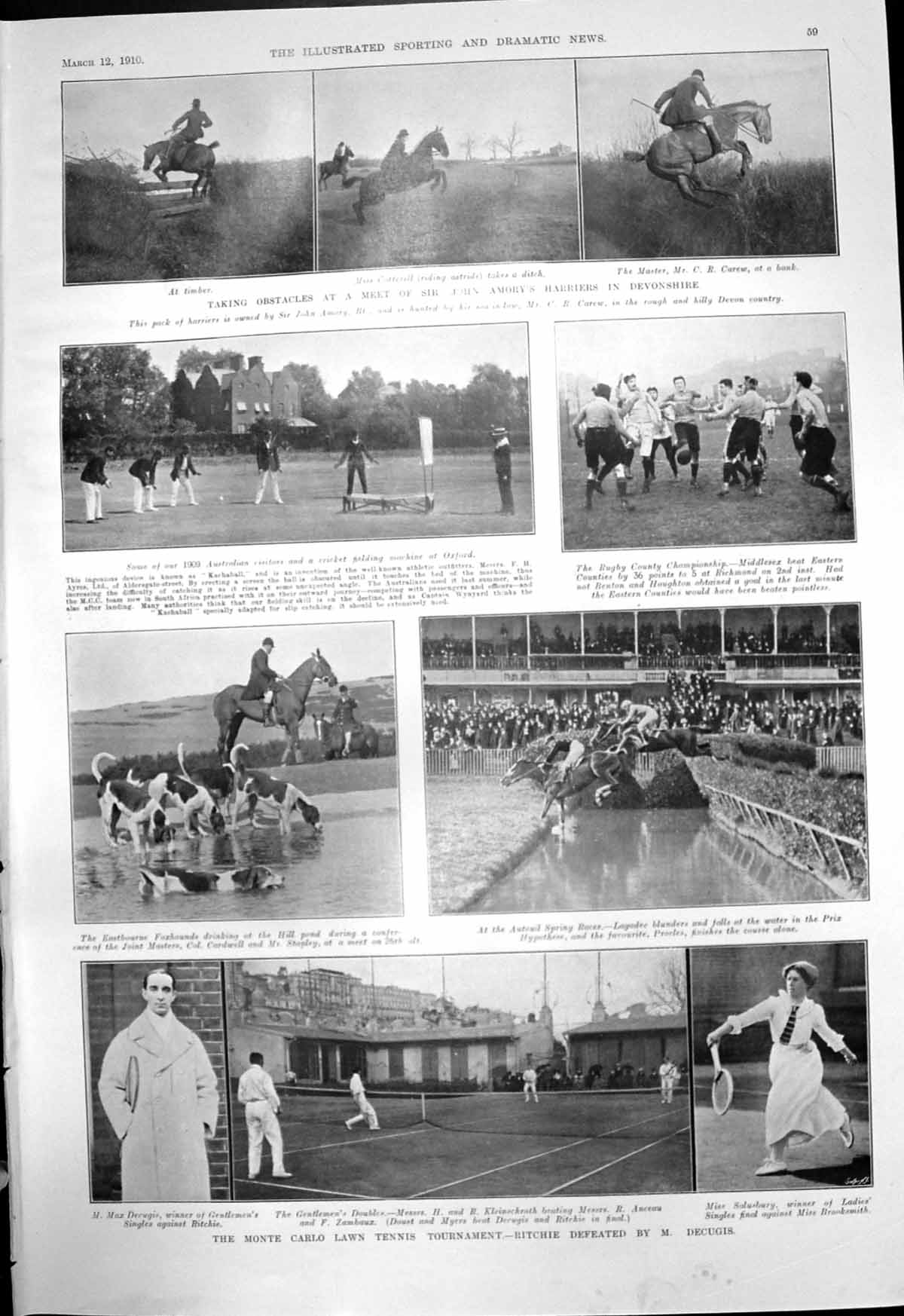 Old Print Sir John Amorys Harriers Tennis Monte Carlo Bergen Railway 1910 20th