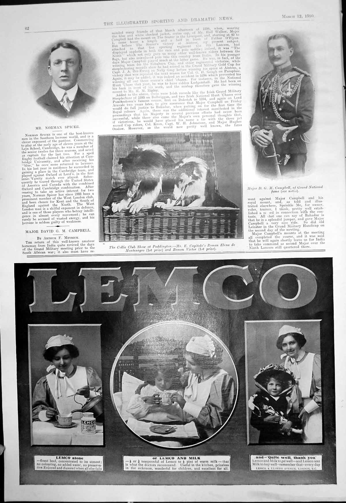 Antique Print Norman Spicer Maj D Campbell Collie Dog Show Paddington 1910 20th
