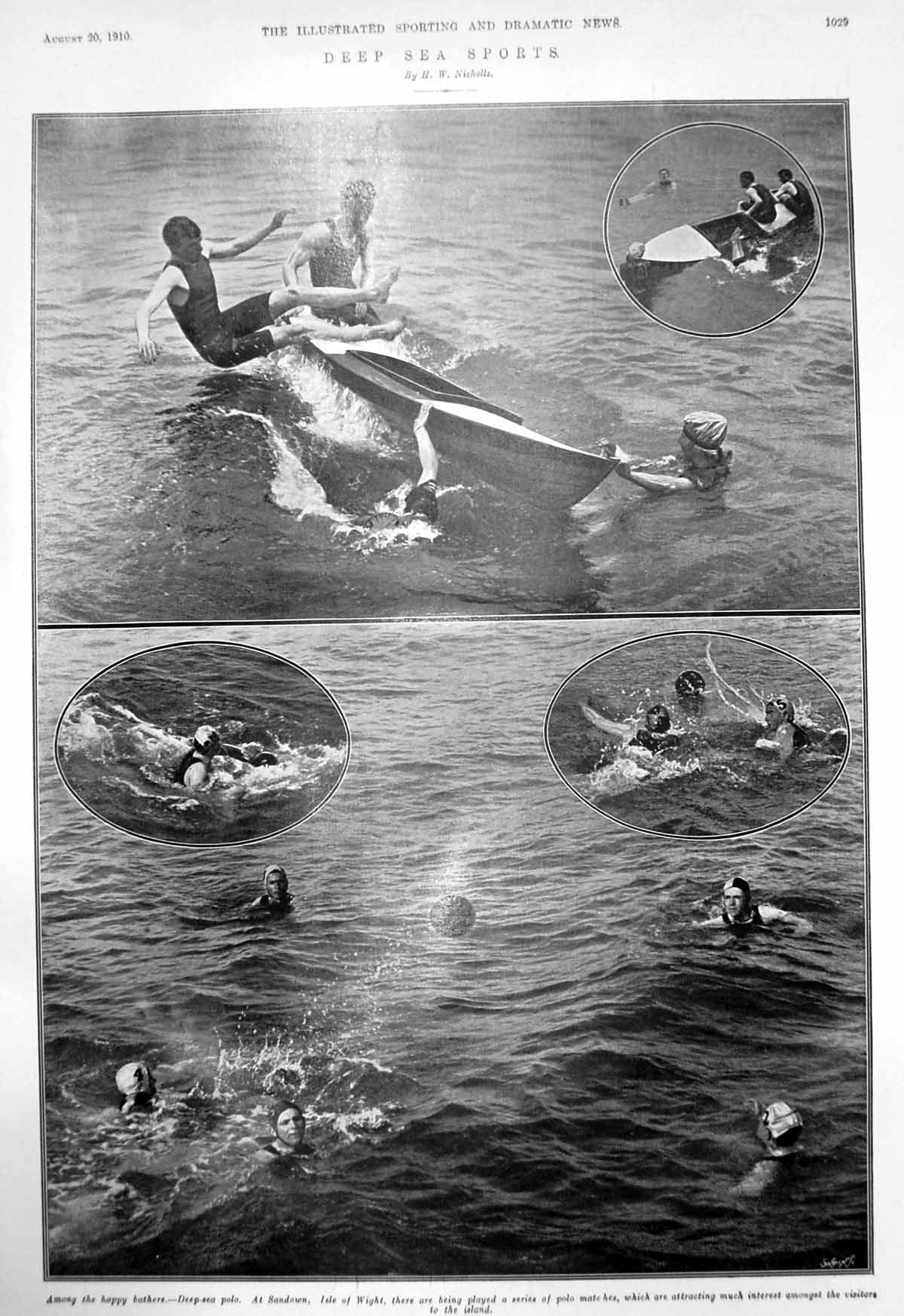 Old Print Deep Sea Sports Bathers Deep Sea Polo Sandown Isle Wight 1910 20th