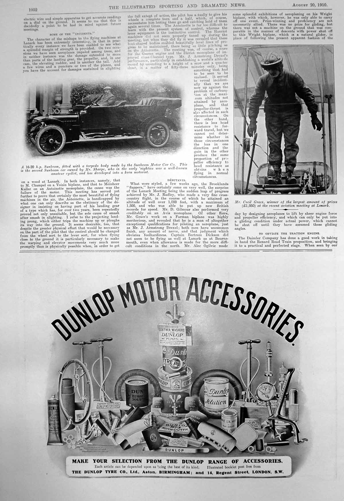 Old Print Cecil Grace Prize Aviation 16 20 Hp Sunbeam Car Mr Sharpe 1910