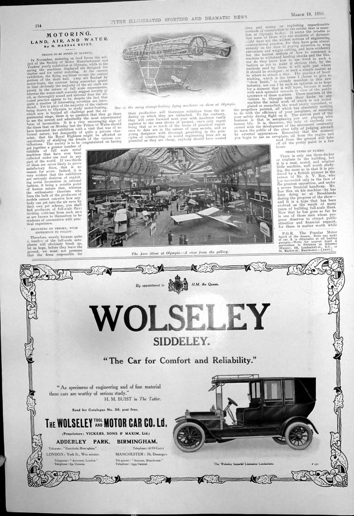 Antique Old Print Aero Show Olympia Flying Machine Wolseley Siddeley Car 1910