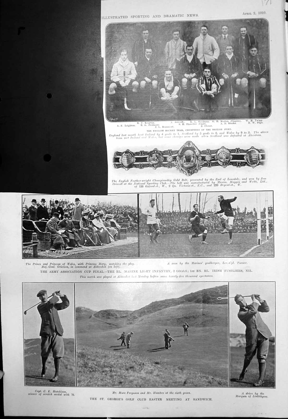 Antique Old Print English Hockey Team St Georges Golf Sandwich 1910 Damaged