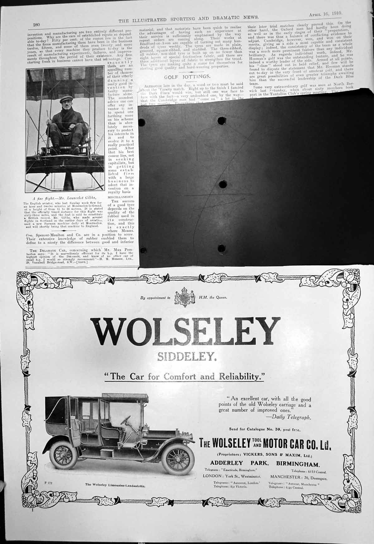 Old Print Launcelot Gibbs English Aviator Wolseley Siddeley 1910 Damaged 20th