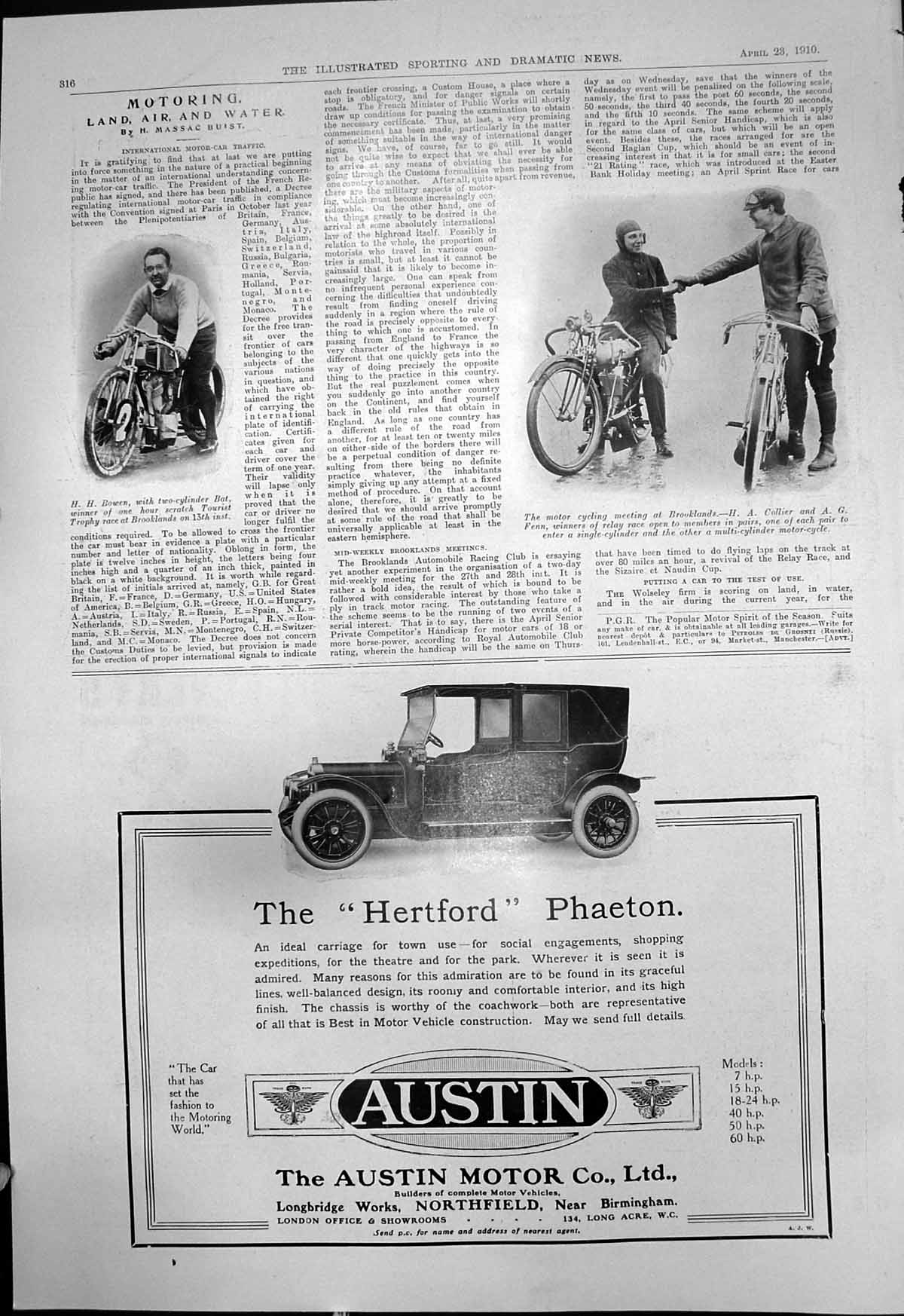 Old Antique Print Motor Cycling Brooklands H Bowen H Collier A Fenn 1910 20th