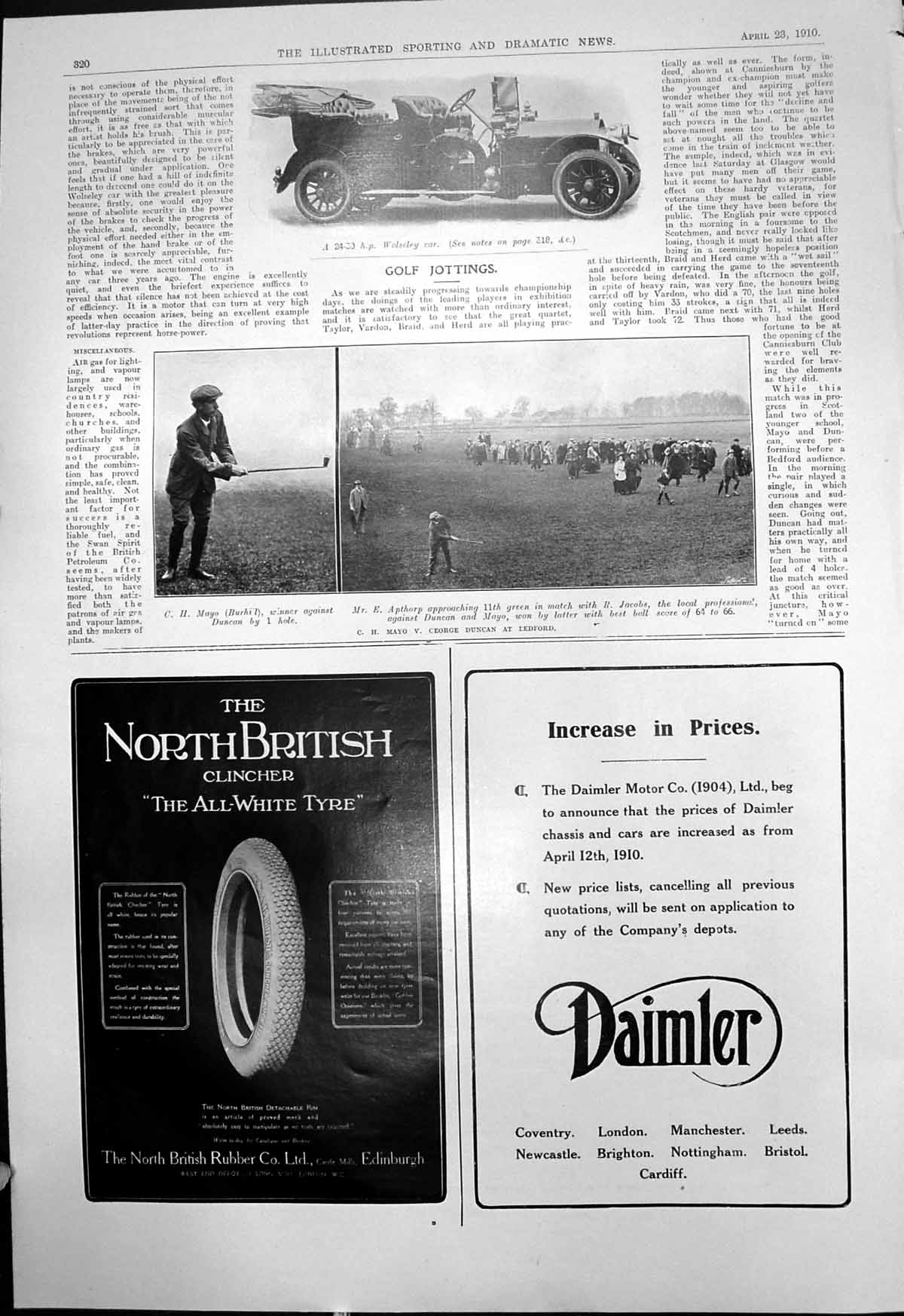 Old Print 24-30 Hp Wolseley Car Golf Bedford C Mayo V George Duncan 1910