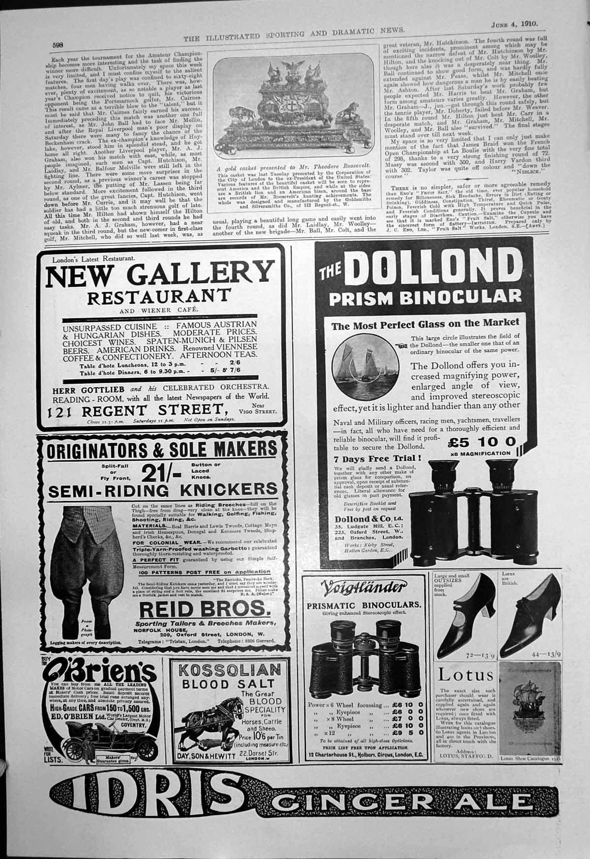 Old Antique Print GCasket Theodore Roosevelt Dollond Prism Binocular 1910 20th