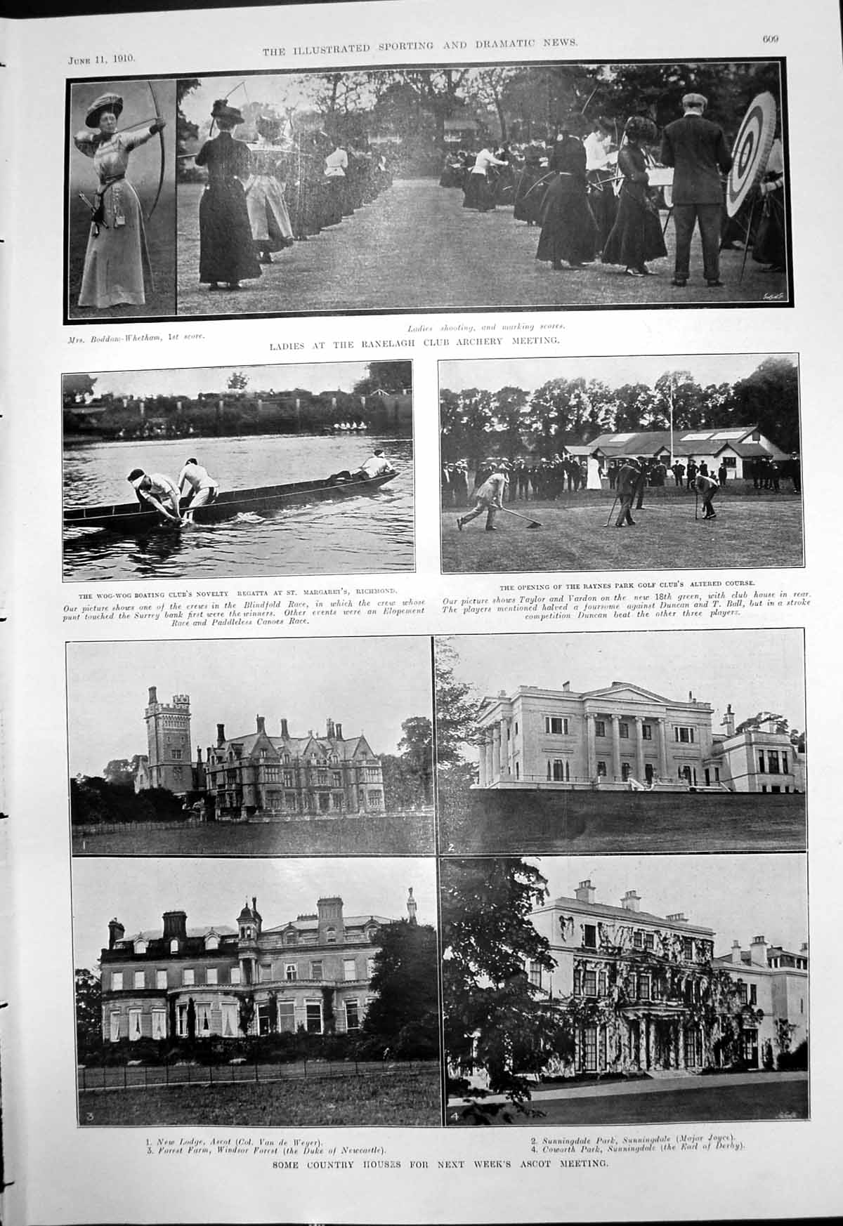Antique Old Print Ranelagh Club Archery New Lodge Ascot Sunningdale Park 1910
