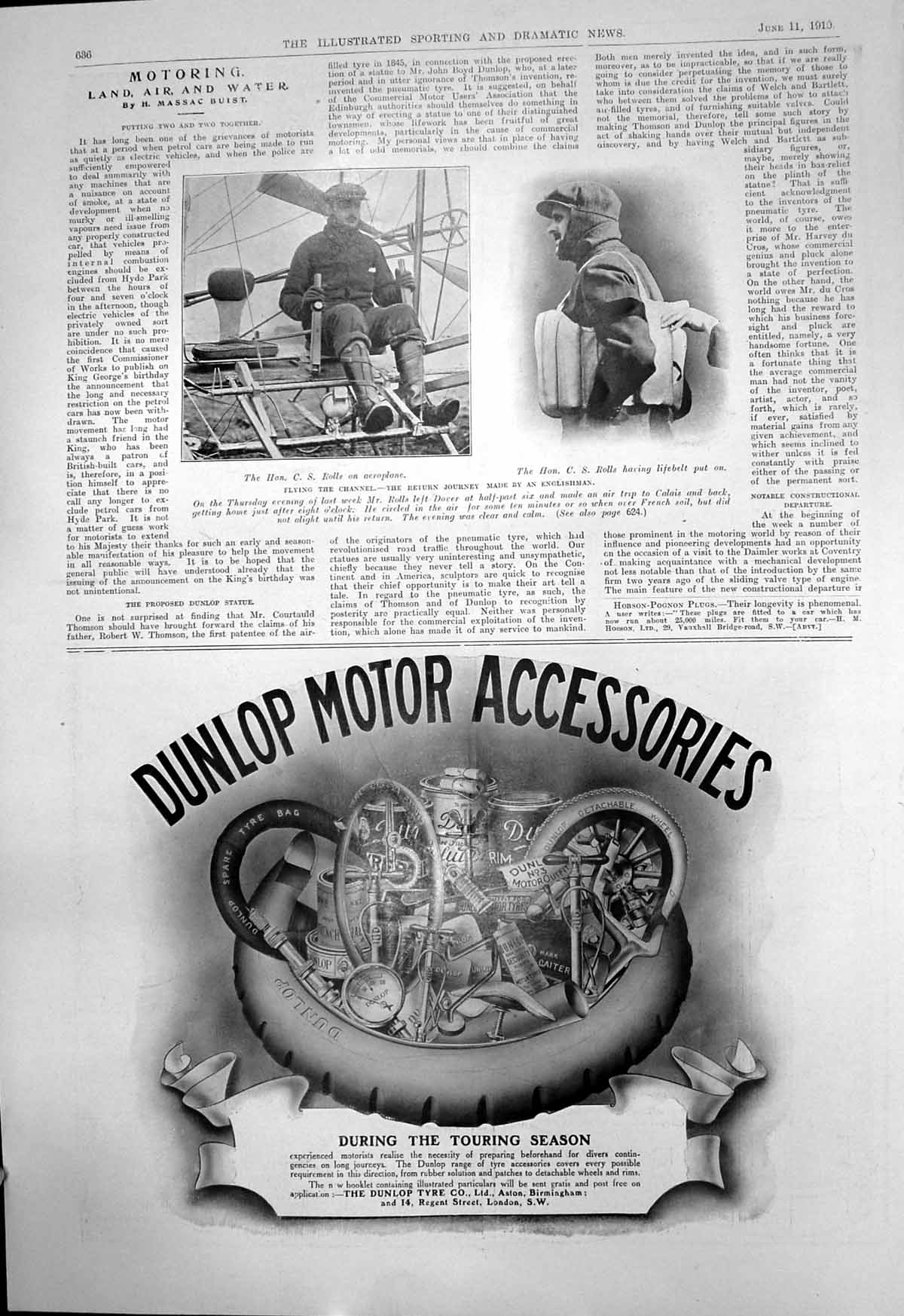 Old Print Flying Channel C Rolls Englishman Return Journey Lifebelt 1910 20th