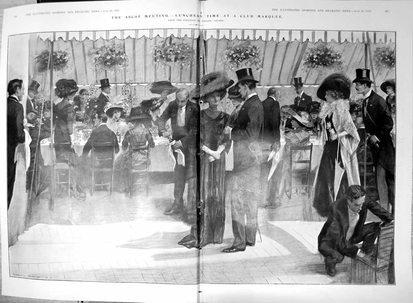 Antique Print Ascot Meeting Luncheon Time Club Marquee Balliol Salmon 1910 20th