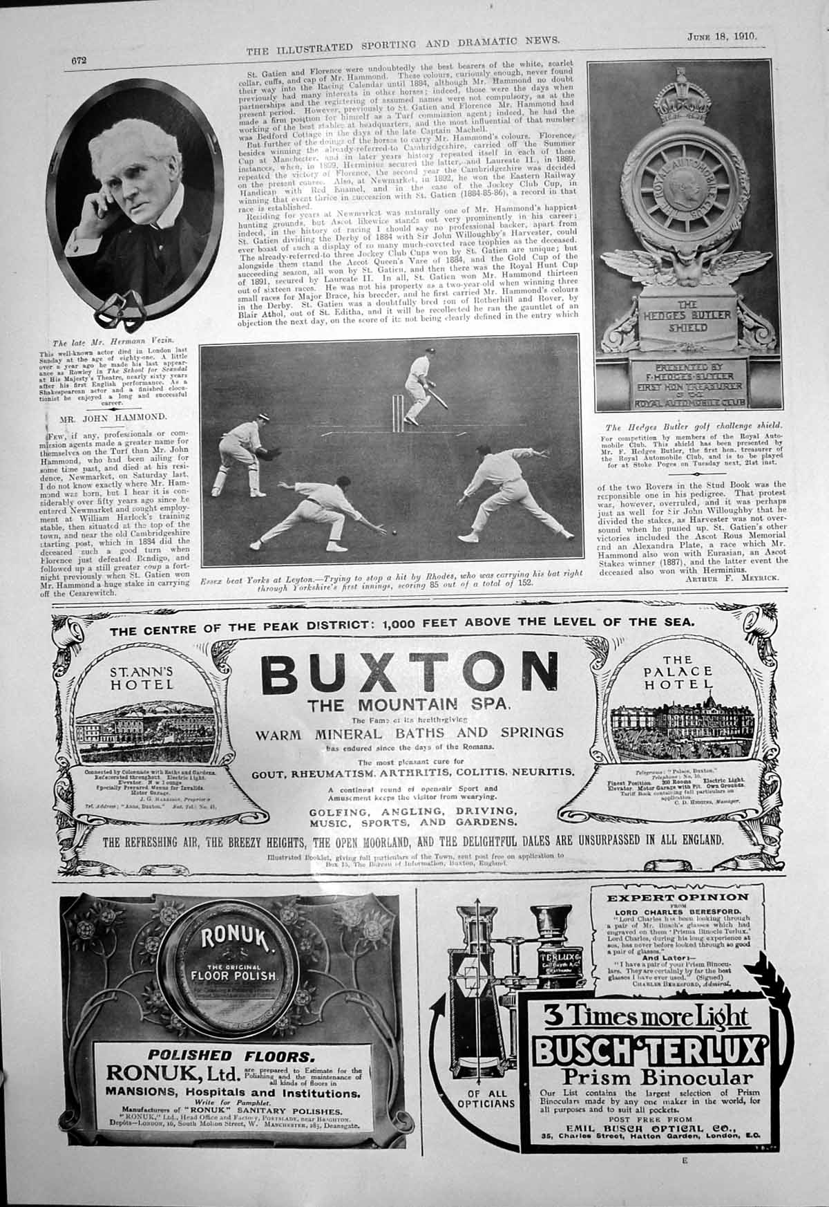 Old Hermann Vezin Actor Essex V Yorks Leyton Cricket Hedges Butler 19 20th