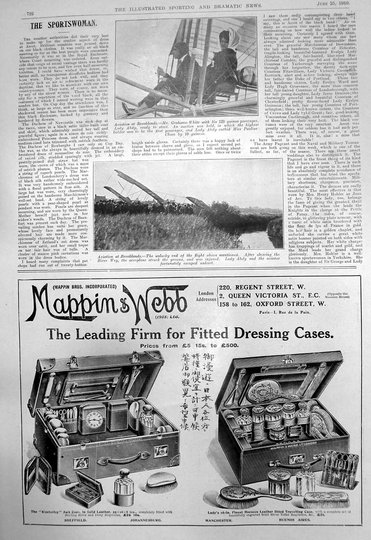 Antique Old Print Aviation Brooklands Grahame White Lady Abdy Crashed 1910 20th