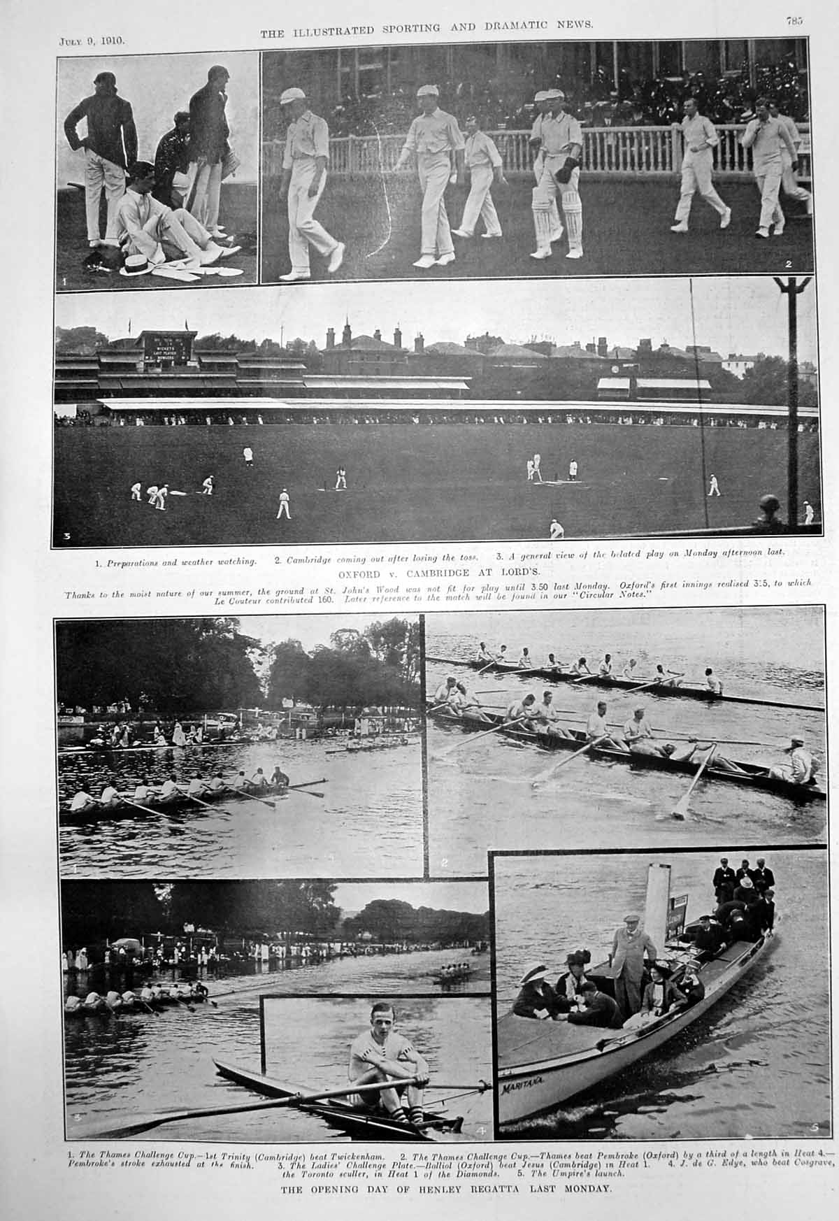 Antique Old Print Oxford V Cambridge Lords Opening Day Henley Regatta 1910 20th