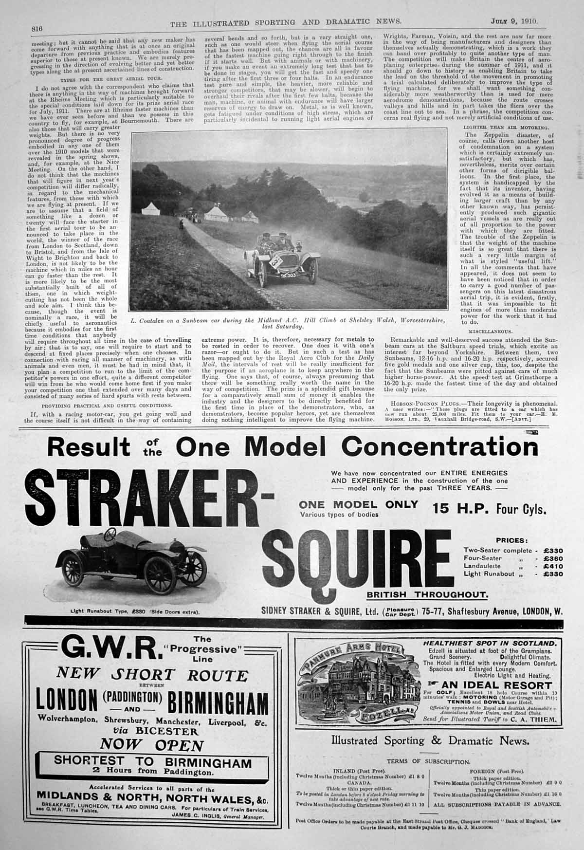 Antique Print L Coataden Sunbeam Midland Hill Climb Panmure Arms Hotel 1910