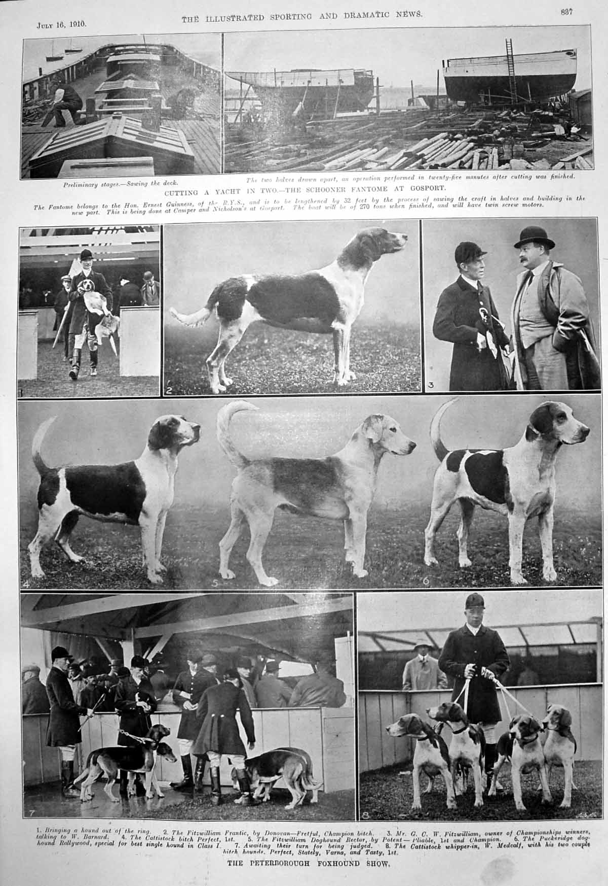 Antique Print Cutting Yacht Fantome Gosport Peterborough Foxhound Show 1910