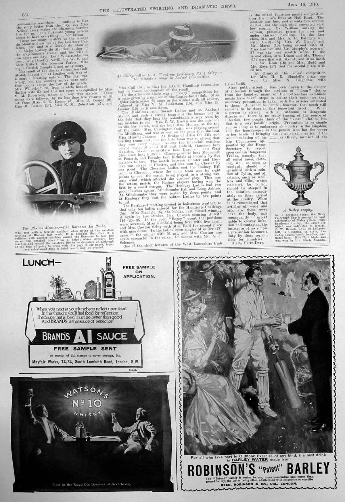 Old Print Rheims Flying Crash Baroness La Roche Bisley Mrs C Woodrow 1910 20th