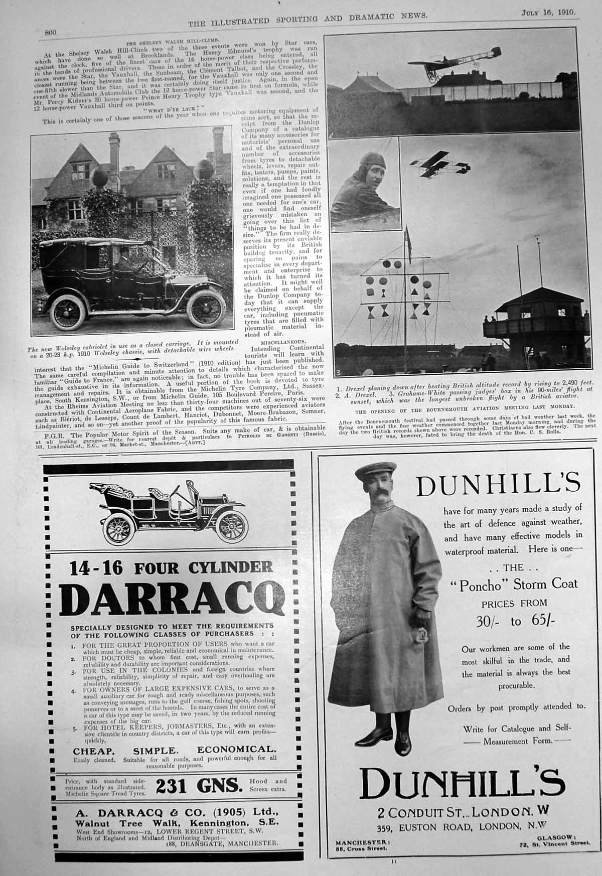 Old Print Wolseley Cabriolet Closed Carriage Drexel Altitude Record 1910 20th