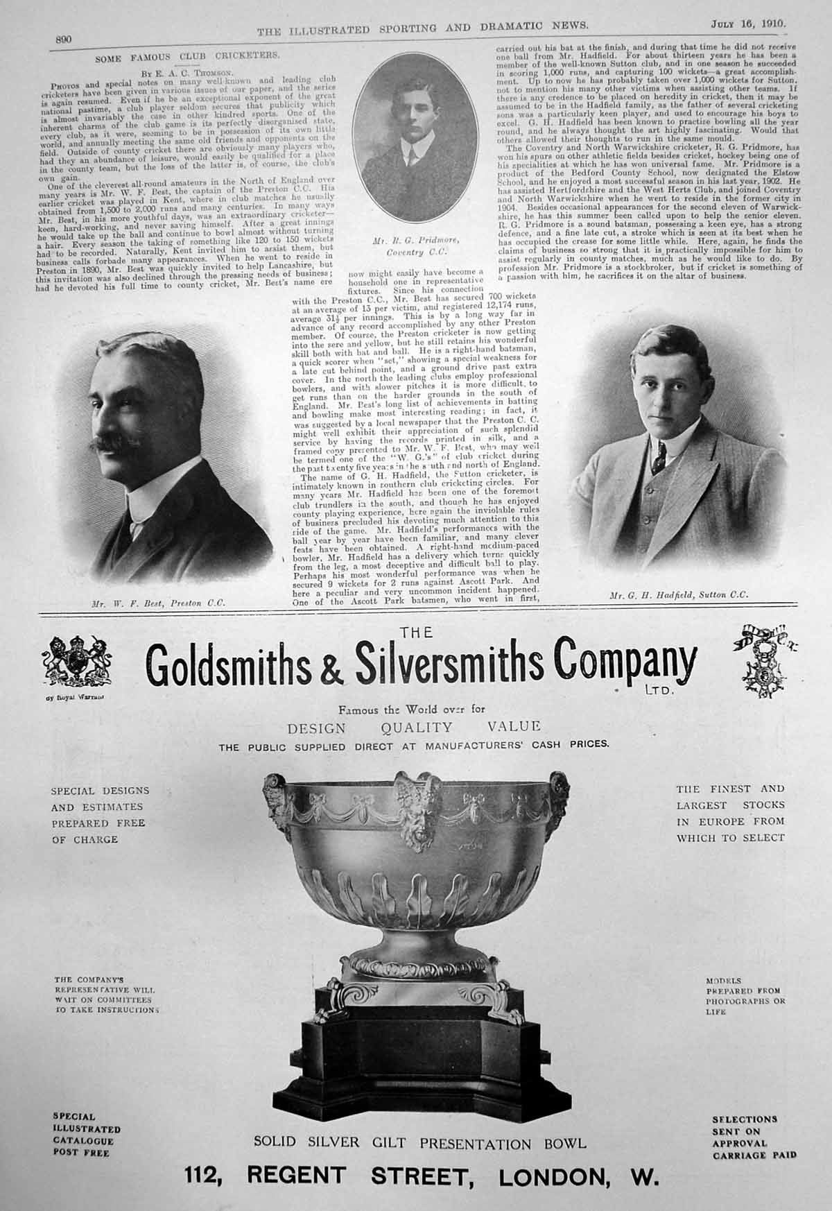 Old Cricketers W Best Preston R Pridmore Coventry G Hadfield Sutton19 20th