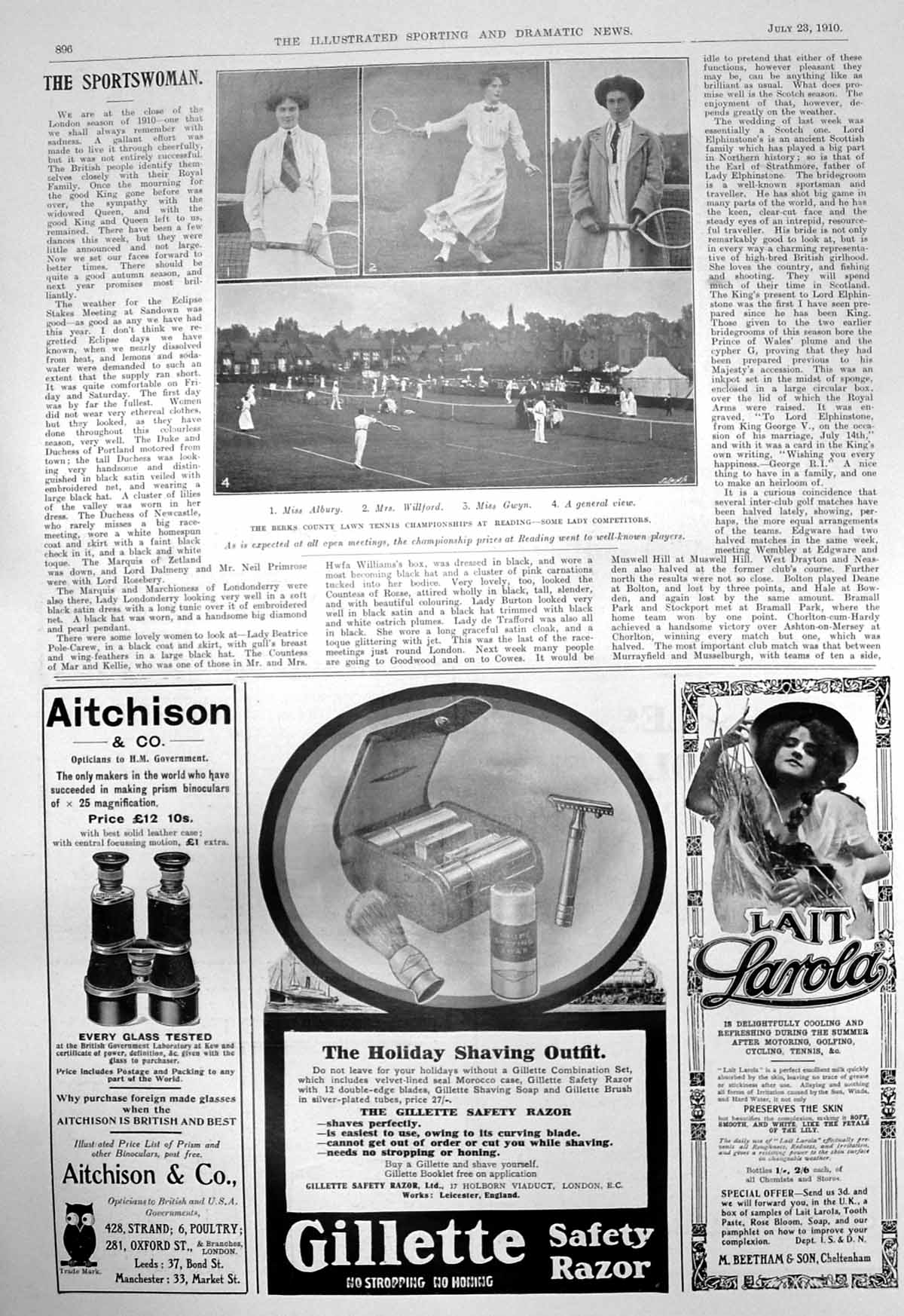 Old Antique Print Tennis Reading Miss Albury Mrs Willford Miss Gwyn 1910 20th