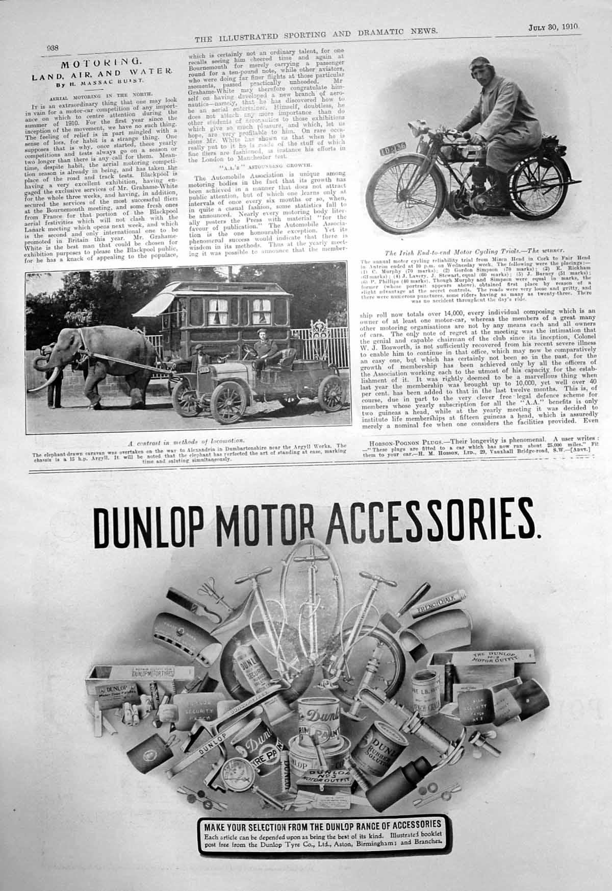 Antique Print Irish Motor Cycle Trial C Murphy Elephant Drawn Caravan 1910 20th