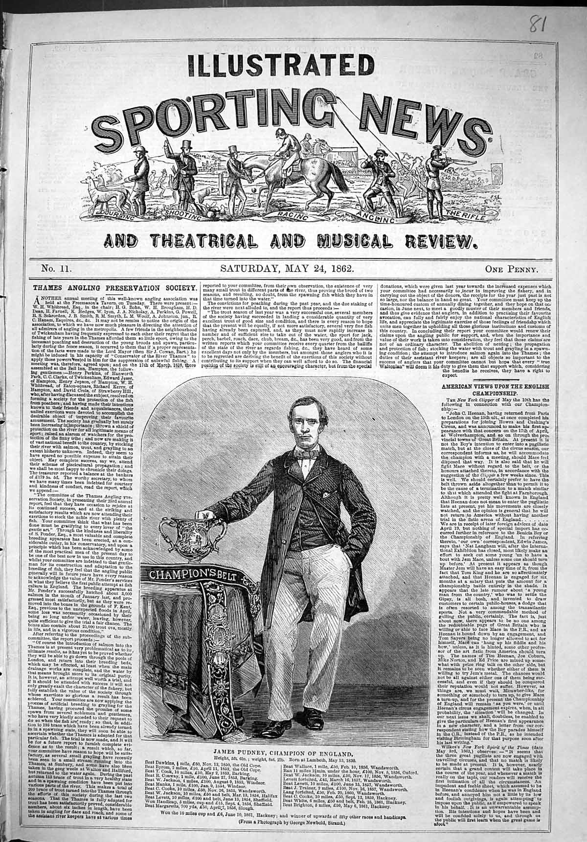Old Antique Print 1862 Portrait James Pudney Champion England Sport Man 19th